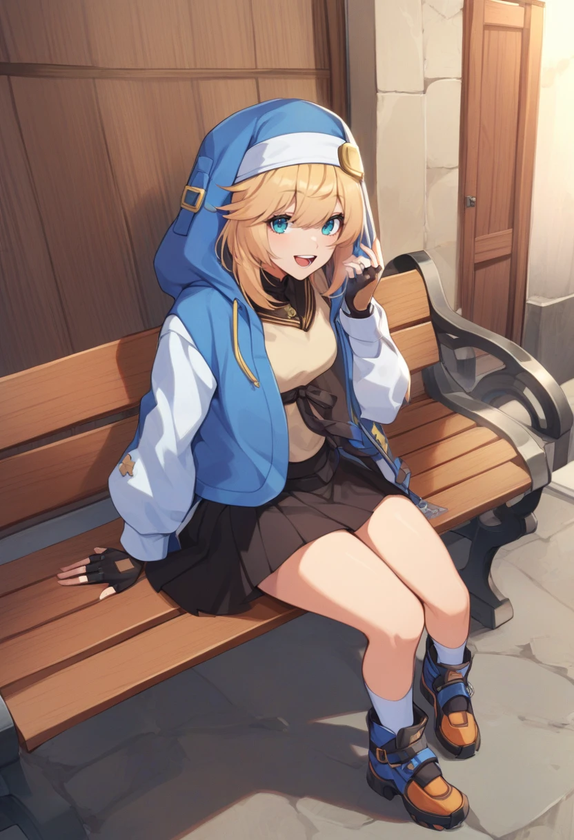 solo,  1girl,  ggsbridget,  :d,  teeth,  looking at viewer,  sitting,  bench,  blue hooded jacket,  long sleeves,  black gloves,  fingerless gloves,  black skirt,  outdoors,<lora:EMS-286197-EMS:1.000000>