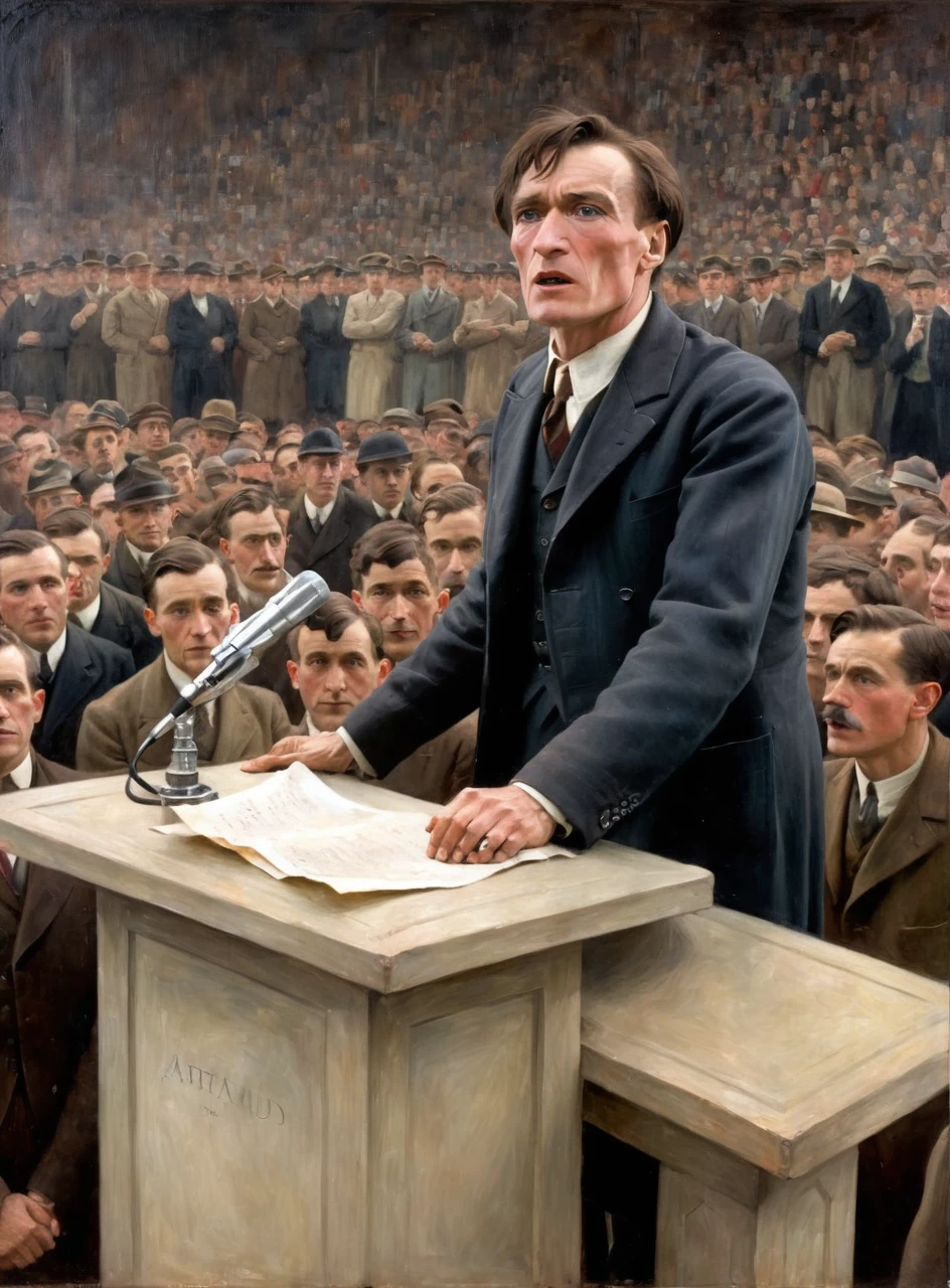 full-length oil painting portrait of artaud giving a speech to a crowd on a podium in 1920s paris, <lora:Antoine_Artaud_Lora_XL_v2:0.85>