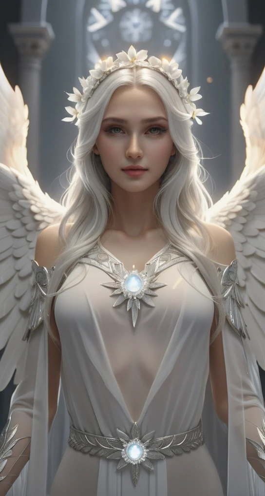 Very detailed realistic illustration.  hyper-detailed cinematographic illustration.  Beautiful and perfect Angel Priestess woman with white angel wings and detailed and defined luminous flashes.  Full and large angel wings.  Beautiful and Divine Angel Priestess with large and uniform wings.  Beautiful and detailed face.  Very light gray eyes with a deep and penetrating look.  detailed white skin.  long hair of very defined luminous neon white color and decoration in her hair with white crystals.  white eyebrows and defined white eyelashes.  Angel with a slight smile.  Celestial white priestess tunic-type dress with many silver details.  In her hands she has a white flower.  masterpiece.  Realism.  Hd.  High quality.  High resolution.  8k