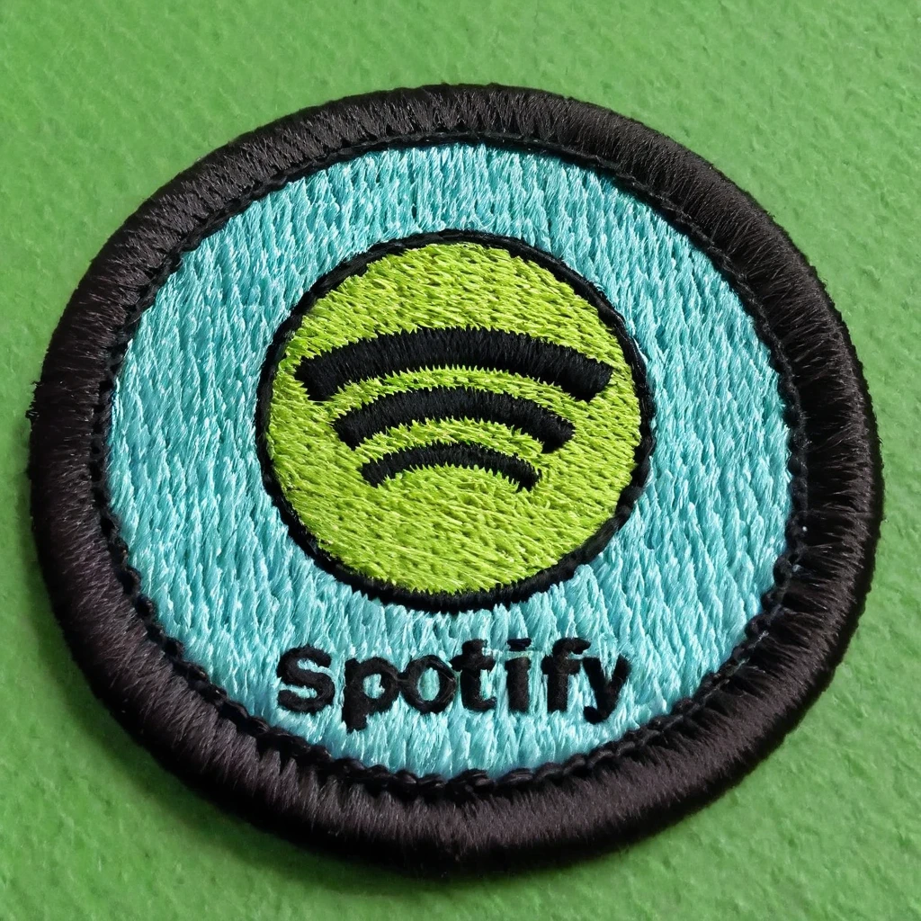 macro photograph of a circular embroidered patch of the Spotify logo , in meritbadge style, plain background, extremely detailed, contrasting complementary colors, vignette, symmetry, centered, <lora:meritbadge_StyleXLv7.0:1>