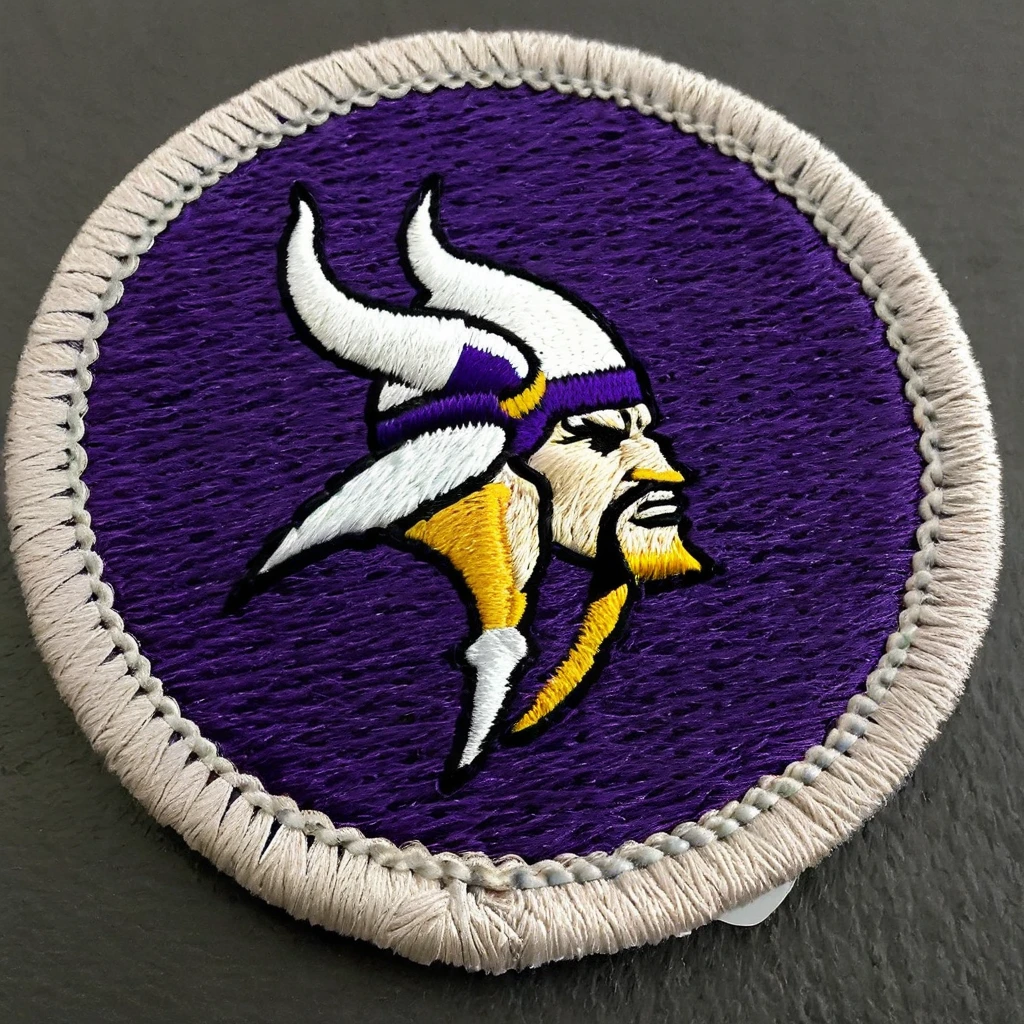 macro photograph of a circular embroidered patch of the Minnesota Vikings NFL logo , in meritbadge style, plain background, extremely detailed, contrasting complementary colors, vignette, symmetry, centered, <lora:meritbadge_StyleXLv7.0:1>