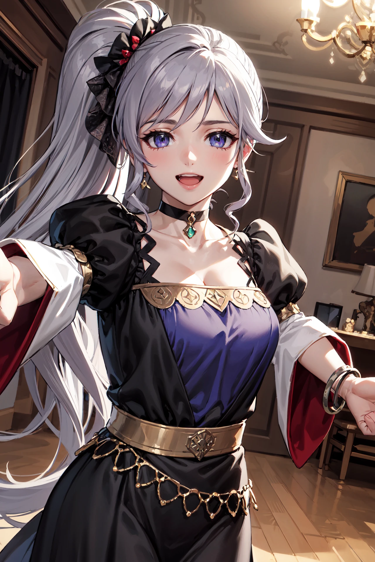 laughing,upper body, reaching out,looking at viewer,,<lora:ishtarV1:0.85>,soi_ishtar,bracelet, jewelry, black long dress,black wide sleeves, collarbone, puffy long sleeves, choker,necklace, frills,indoors,dance hall,night,mansion,(masterpiece, best quality, ultra-detailed, best shadow)