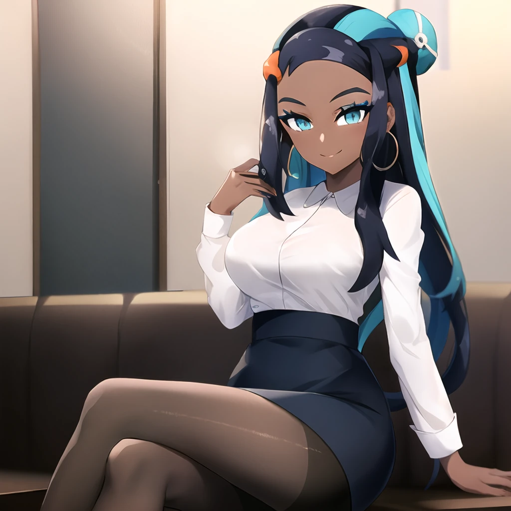 masterpiece, best quality, highly detailed, 1girl, solo, <lora:nessa_pokemon-08:0.8> (nessa_pokemon:1.3),
dark-skinned female, dark skin, blue eyes, aqua eyes, long hair, black hair, blue hair, aqua hair, multicolored hair, two-tone hair, hair bun, single hair bun, eyeshadow, seductive smile,
sitting, restaurant, skirt, pantyhose, white shirt