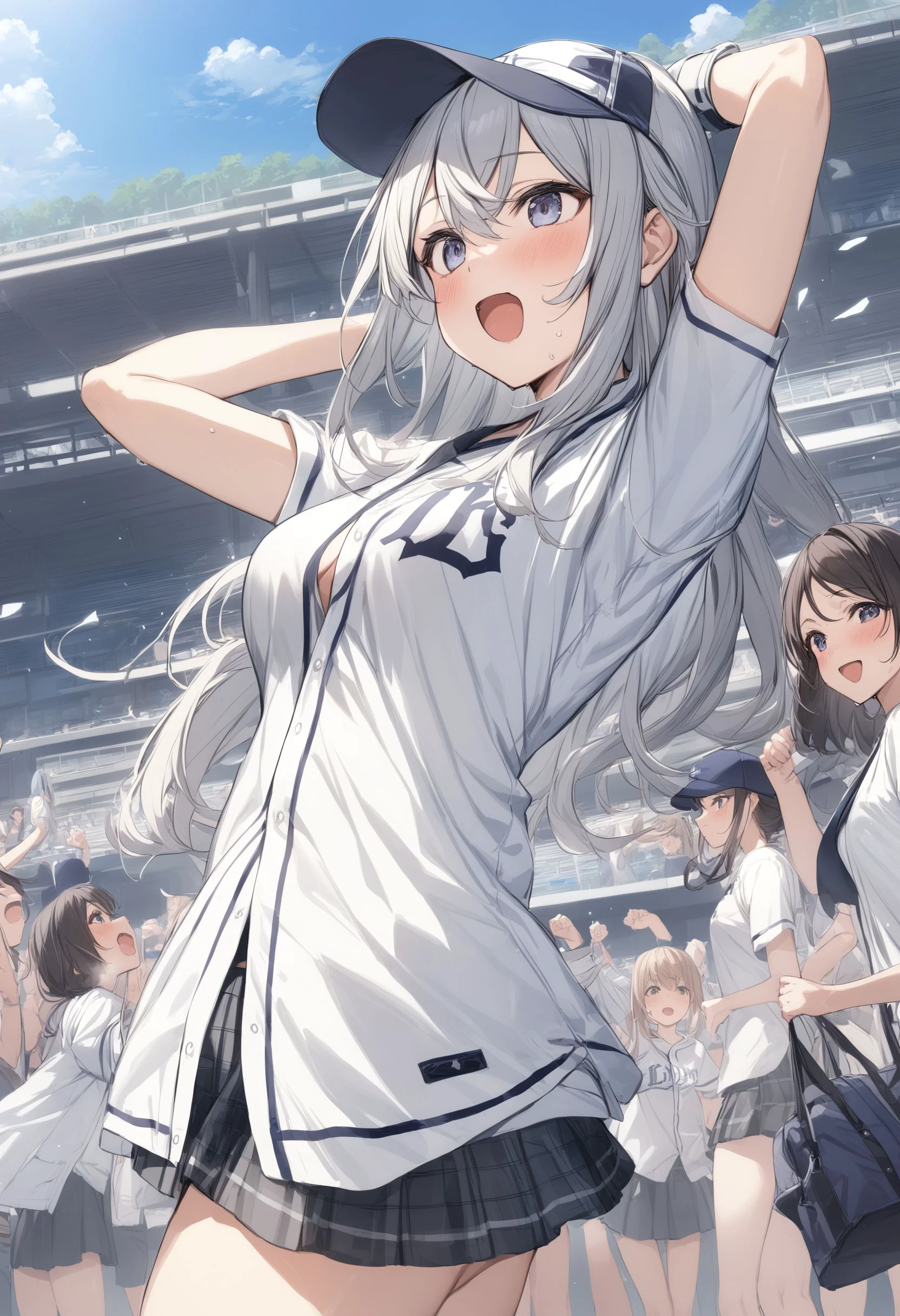 multiple girls, <lora:sdxl2-flat2-512b:-1>,medium breasts,
<lora:seibuXLv2:0.6>,seibu,baseball uniform, clothes writing, short sleeves,miniskirt, white jacket, open clothes, open jacket,shirt,cheering,
from side, panorama shot, looking ahead, open mouth,
masterpiece,best quality,medium quality,