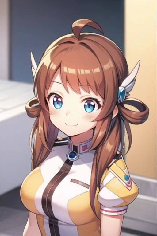 moe leahs-1, hair accessories, uniform, twintails, gloves, smile, blush, 1girl, solo, upper body, ahoge