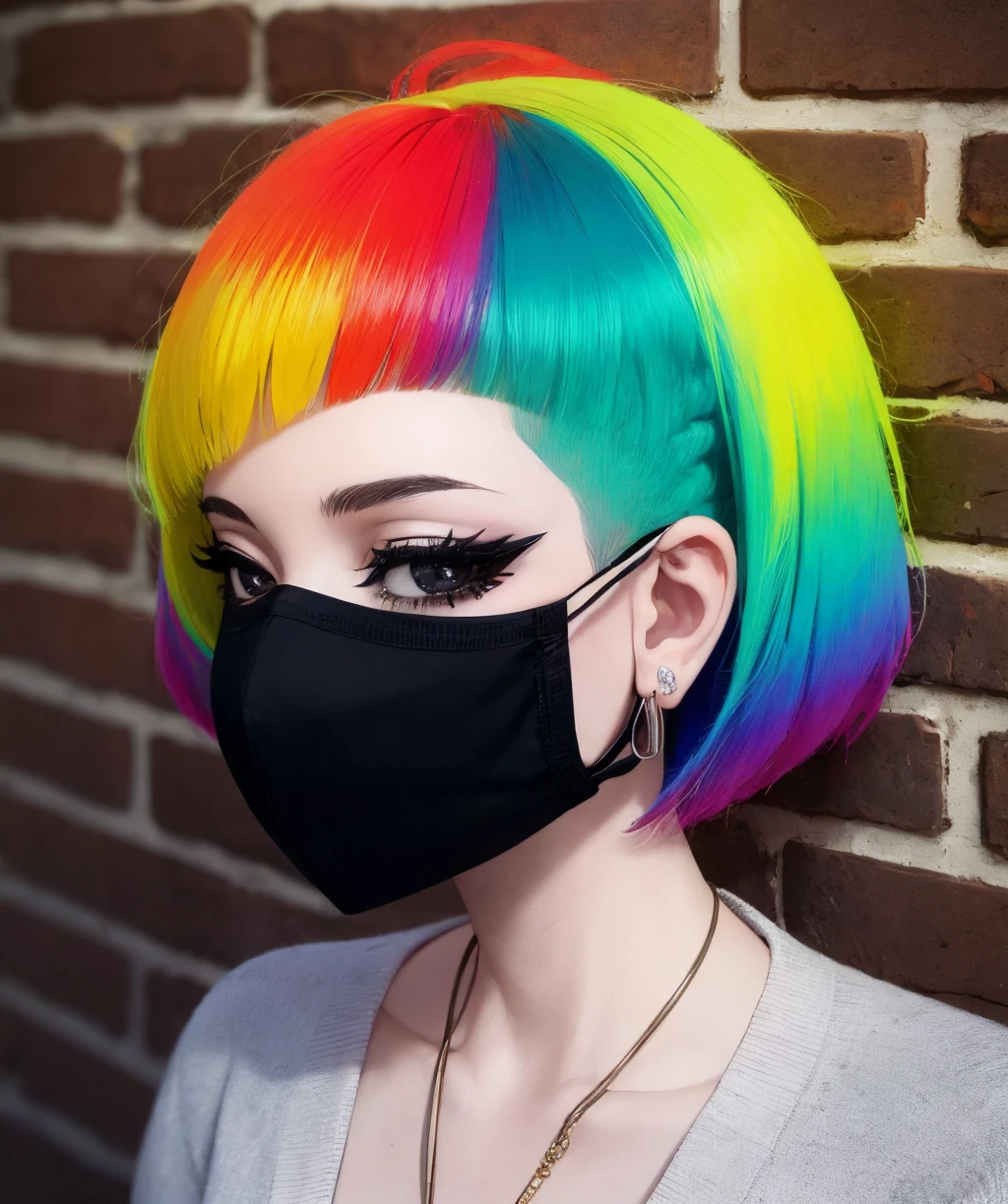 bce, 1girl, rainbow hair, short hair, black eyes, mask, mouth mask, brick wall, portrait, solo, <lora:better_creative_hair-06:0.8>