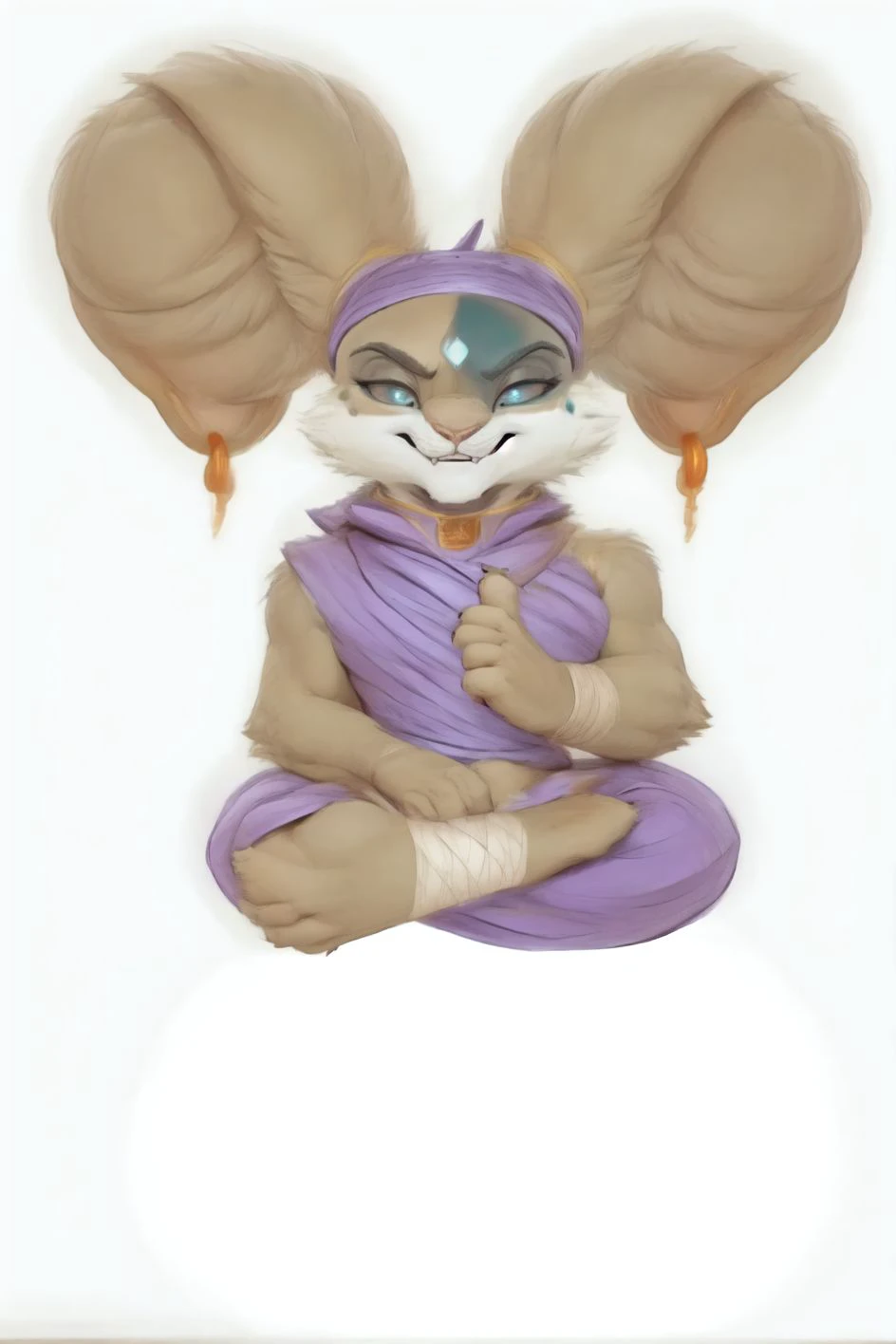 1girl,
solo,
rabbit,
bunny,
female,
jewel,
meditating,
grim,
teeth,
malicious smile,
collar,
ring earrring,
fangs,
small tits,
cleavage,
blue jewel,
kaze ears,
weakened,
ears curled in a bun,
chinese hairstyle,
cape, floating,
eyes bulge,
bulged eyes,
curled ears,
bun,
double bun,
bandana,
robe,
purple robe,
covered tits,
qipao,
purple qipao,
gold trim qipao,
purple bandana,
standing,
bindi,
gold earrings,
earrings,
feet bandages,
bandages,
<lora:Typhoon_Kaze-20:1>, (best quality, good quality:1.4),
masterpiece,
best quality,
photorealistic,
hyperrealistic,
ultradetailed,
detailed background,
photo background,
digital drawing (artwork),
by o-kemono,
by darkgem,
by scruffythedeer,
by syuro,
