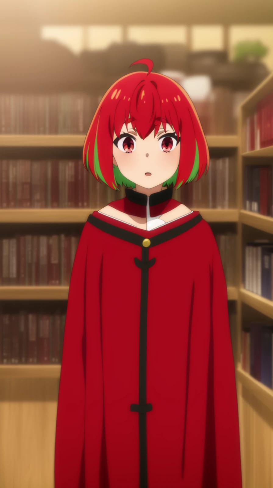 masterpiece, best quality,
 <lora:kana fujii s1-lora-nochekaiser:0.8> kana fujii, short hair, bangs, (red eyes:1.3), ahoge, red hair, multicolored hair, green hair, two-tone hair, thick eyebrows
(black mage outfit), fanasy, black cape,
inside library, alchemist,