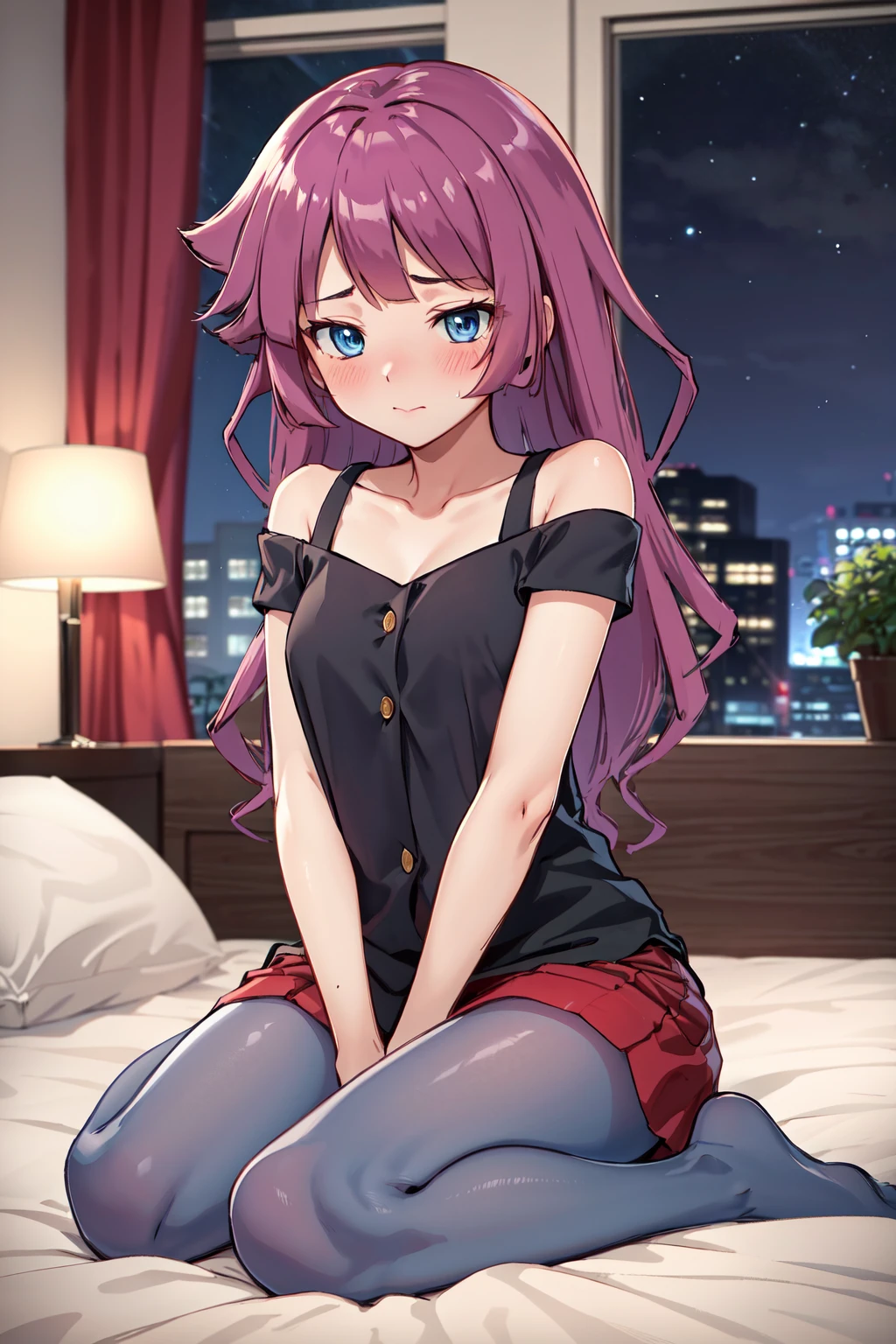 masterpiece,best quality,highres,ultra-detailed,aaromin,long hair,bangs,off shoulder,black shirt,red skirt,pantyhose,blue pantyhose,thigh strap,<lora:kirishima_romin:0.7>,indoors,sitting,bed,blush,(embarrass:1.2),night,