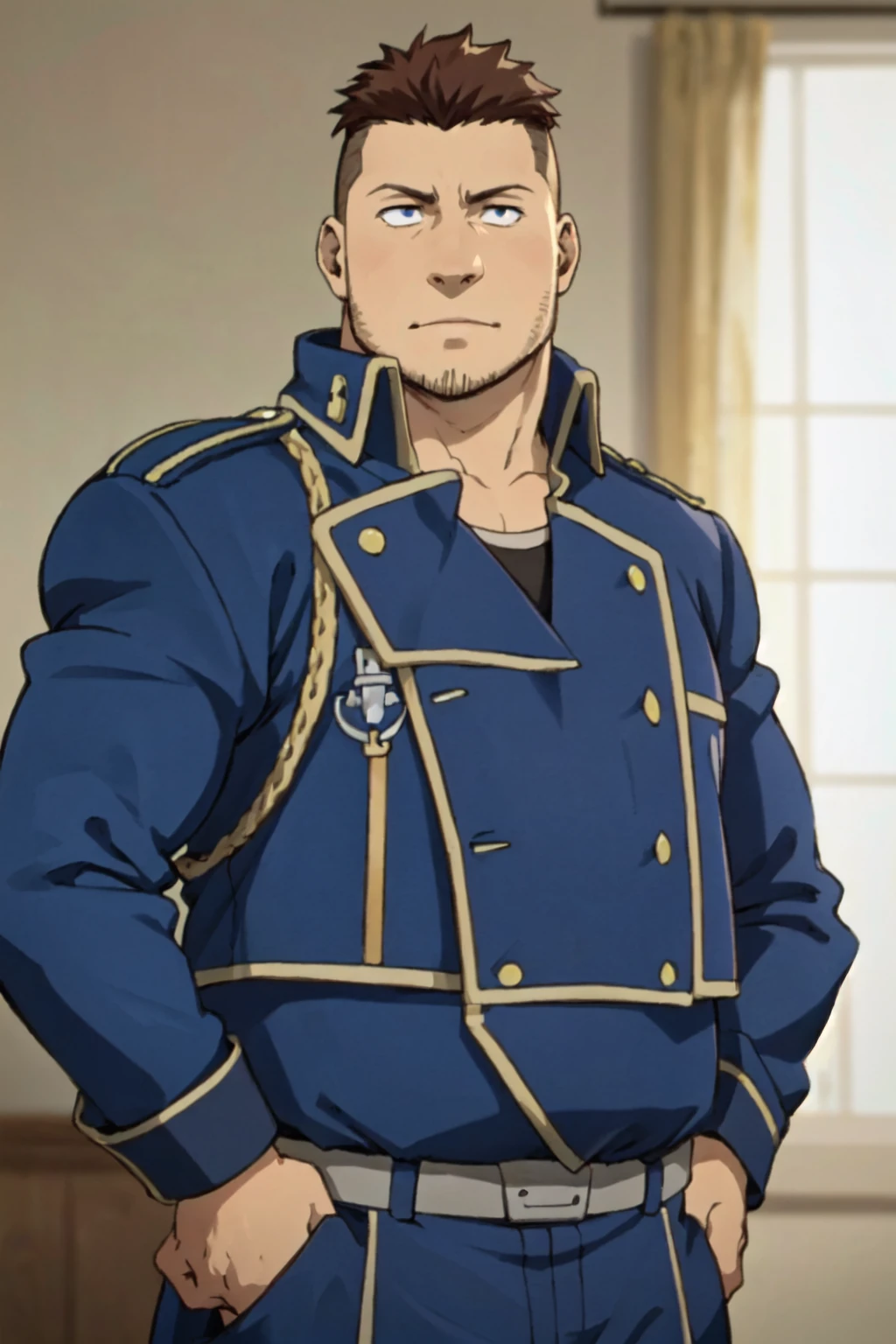 (1 image only),  solo male,  1boy,  Heymans Breda,  Fullmetal Alchemist,  anime,  2D,  blue eyes,  brown hair,  short hair,  high fade,  stubble,  handsome,  (chubby),  open (pure blue military uniform,  blue 
 coat),  confidence,  charming,  alluring,  upper body in frame,  perfect anatomy,  perfect proportions,  8k,  HQ,  (best quality:1.2,  hyperrealistic:1.2,  photorealistic:1.2,  masterpiece:1.3,  madly detailed photo:1.2),  (hyper-realistic lifelike texture:1.2,  realistic eyes:1.2),  high_resolution,  perfect eye pupil,  dutch angle, best quality,  (long sleeves),<lora:EMS-286469-EMS:0.600000>,<lora:EMS-19728-EMS:0.200000>