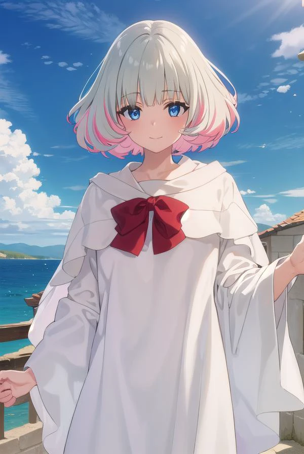 hibikimorishima, <lora:hibiki morishima s1-lora-nochekaiser:1>,
hibiki morishima, short hair, bangs, blue eyes, grey hair, pink hair, multicolored hair, two-tone hair, smile,
BREAK bow, bowtie, red bow, red footwear, red bowtie, robe, white robe,
BREAK outdoors, sky, clouds, sun,
BREAK looking at viewer, (cowboy shot:1.5),
BREAK <lyco:GoodHands-beta2:1>, (masterpiece:1.2), best quality, high resolution, unity 8k wallpaper, (illustration:0.8), (beautiful detailed eyes:1.6), extremely detailed face, perfect lighting, extremely detailed CG, (perfect hands, perfect anatomy),