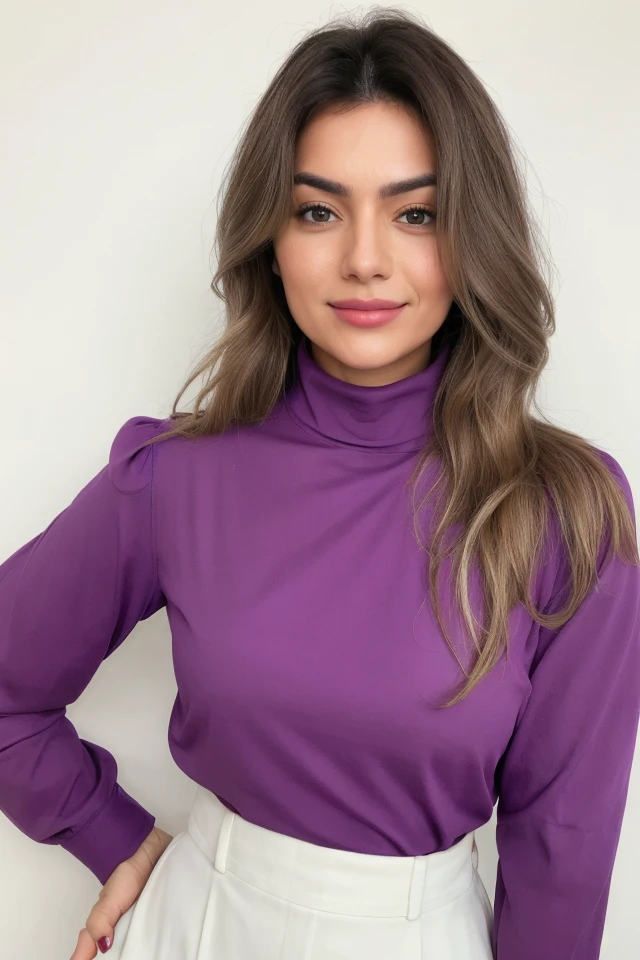 Portrait photo of k3llyk3y woman, purple turtleneck blouse. slight smile, in a beach