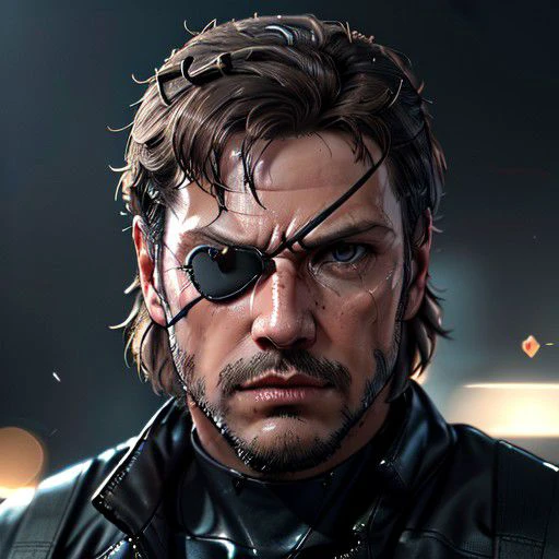 (1 image only), solo male, 1boy, Big Boss, Metal Gear Solid, bslue eyes, brown hair, facial hair, (single eyepatch:1.2), (grey wide head band),  (exposed hair:1.3), clothing, handsome, mature, charming, alluring, portrait, upper body in frame, perfect anatomy, perfect proportions, 8k, HQ, (best quality:1.2, hyperrealistic:1.2, photorealistic:1.2, masterpiece:1.3, madly detailed photo:1.2), (hyper-realistic lifelike texture:1.2, realistic eyes:1.2), high_resolution, perfect eye pupil, dutch angle, dynamic, action, raining, night, (military base)