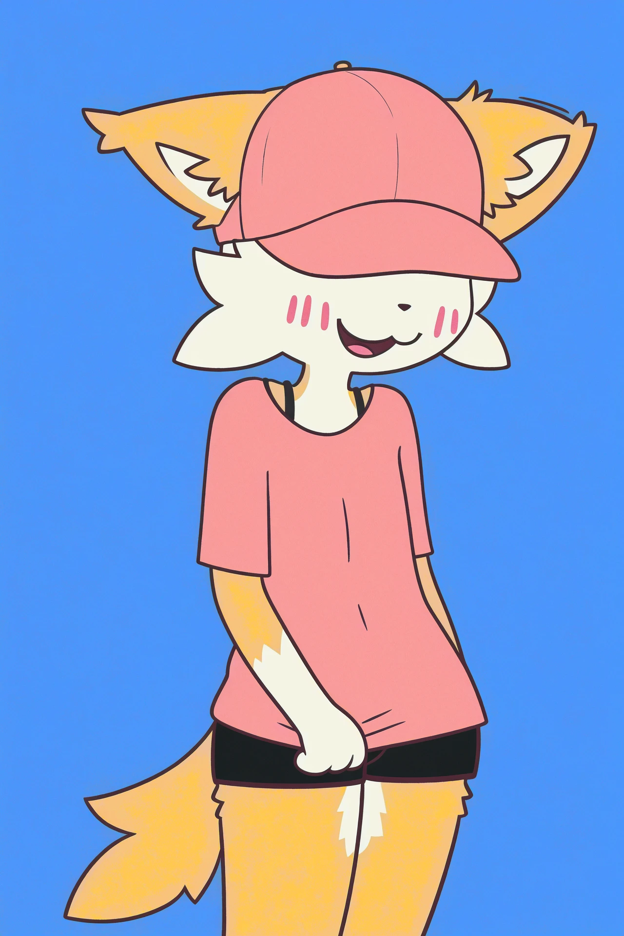 (high quality, high res, 4k:1.3)
<lora:rolo:0.8> rolo, furry, female, solo, standing, head down, blue background, pink shirt, shorts, cap hat, hat brim over eyes, hat tilted forward, ears down, smile, cute, cat mouth, blush lines, mouth open