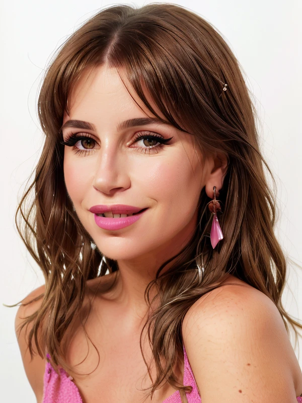 gquality, <lora:florencia-10:1> florencia, 1girl, solo, looking at viewer, smile, simple background, white background, parted lips, traditional media, portrait, realistic, pink lips, lipstick, makeup, eyeliner, bare shoulders, from side, looking back, hand in own hair