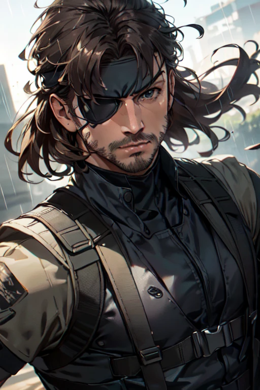 (1 image only),  solo male,  1boy,  Big Boss,  Metal Gear Solid,  bslue eyes,  brown hair,  facial hair,  (eyepatch,  grey headband),  sneaking suit,  handsome,  mature,  charming,  alluring,  upper body in frame,  perfect anatomy,  perfect proportions,  8k,  HQ,  (best quality:1.2,  hyperrealistic:1.2,  photorealistic:1.2,  masterpiece:1.3,  madly detailed photo:1.2),  (hyper-realistic lifelike texture:1.2,  realistic eyes:1.2),  high_resolution,  perfect eye pupil,  dutch angle,  dynamic,  action,  raining,<lora:EMS-287113-EMS:0.700000>,<lora:EMS-498-EMS:0.200000>