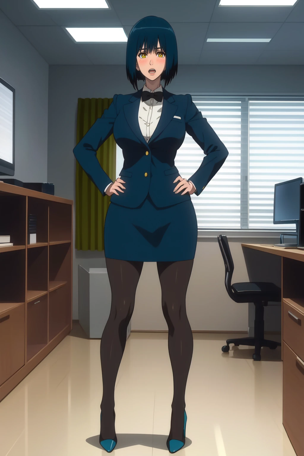 highres, high quality, masterpiece, intricate details, cinematic lighting,
NikaidoManami, 1girl. standing, full body, legs apart, hands on hips,
looking black, blush, open mouth,
black hair, blue hair, short hair, bob cut, yellow eyes,
grey skirt suit, high heels, pantyhose,
curvy, large breasts, thighs,
indoors, office, table, computer, window, day,
<lora:NikaidoManami:0.95>