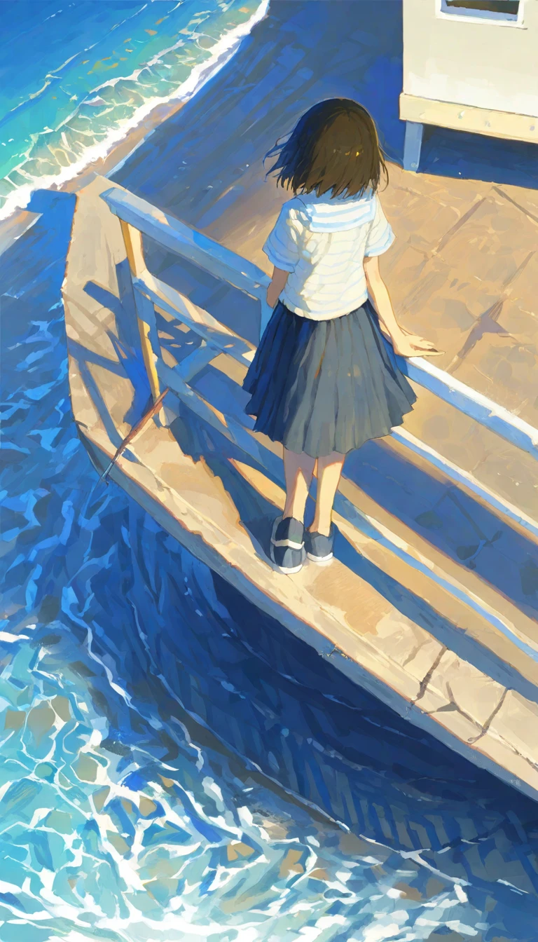 painting of a woman standing on a ledge overlooking the ocean,by makoto shinkai,<lora:ãµããã:0.9>,, masterpiece, best quality,