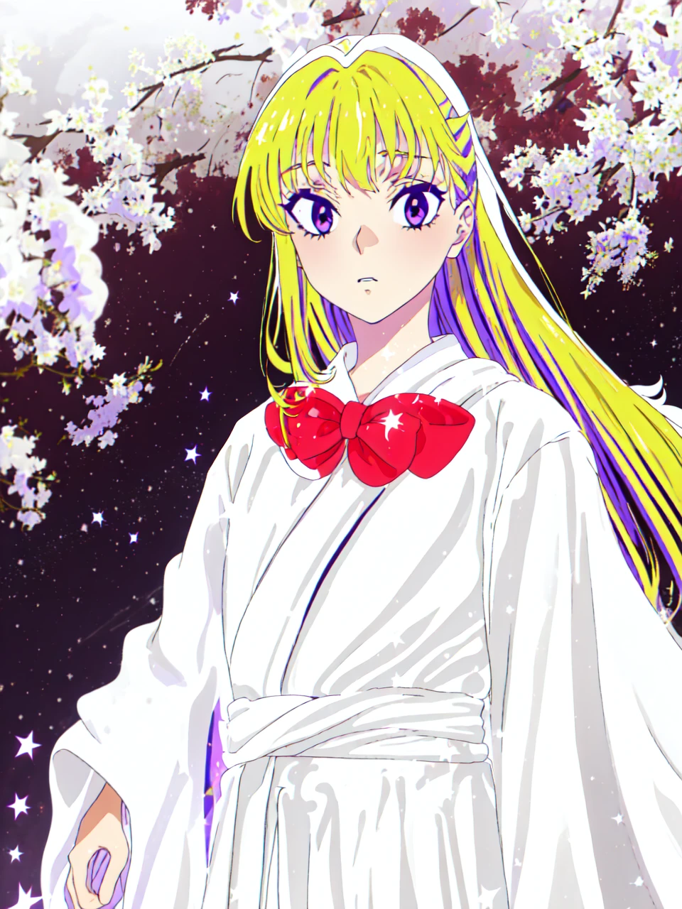 masterpiece, best quality,
 <lora:reimi itsushiro s1-lora-nochekaiser:1> reimi itsushiro, long hair, bangs, blonde hair, (purple eyes:1.1), purple hair, ahoge, multicolored hair, blunt bangs, two-tone hair,
cowboy shot, (white robe:1.4), (red bowie, bow)