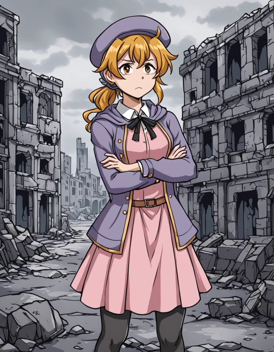 1girl,eleanor,solo,glum,standing,crossed arms,pink dress,purple jacket,hat,beret,ribbon,ponytail,neck ribbon,black pantyhose,boots,in ruined city,dark fantasy style, <lora:EleanorXL-000105:0.7>