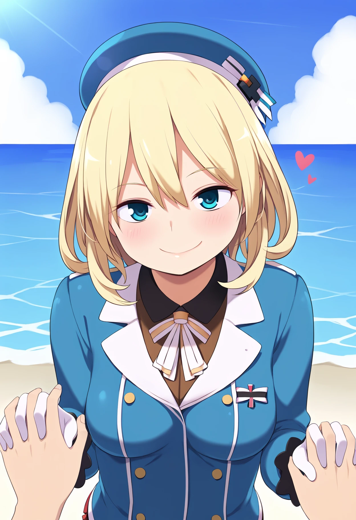 score_9, best quality, masterpiece, uncensored, source_anime, by nora higuma
BREAK
atago (kancolle), beret, blue jacket, blonde hair, pov, 1girl, smug, looking at viewer, upper body, standing, holding hands, outdoors, sky, sea, heart, white gloves
<lora:nora_higuma_pony_v2:1>