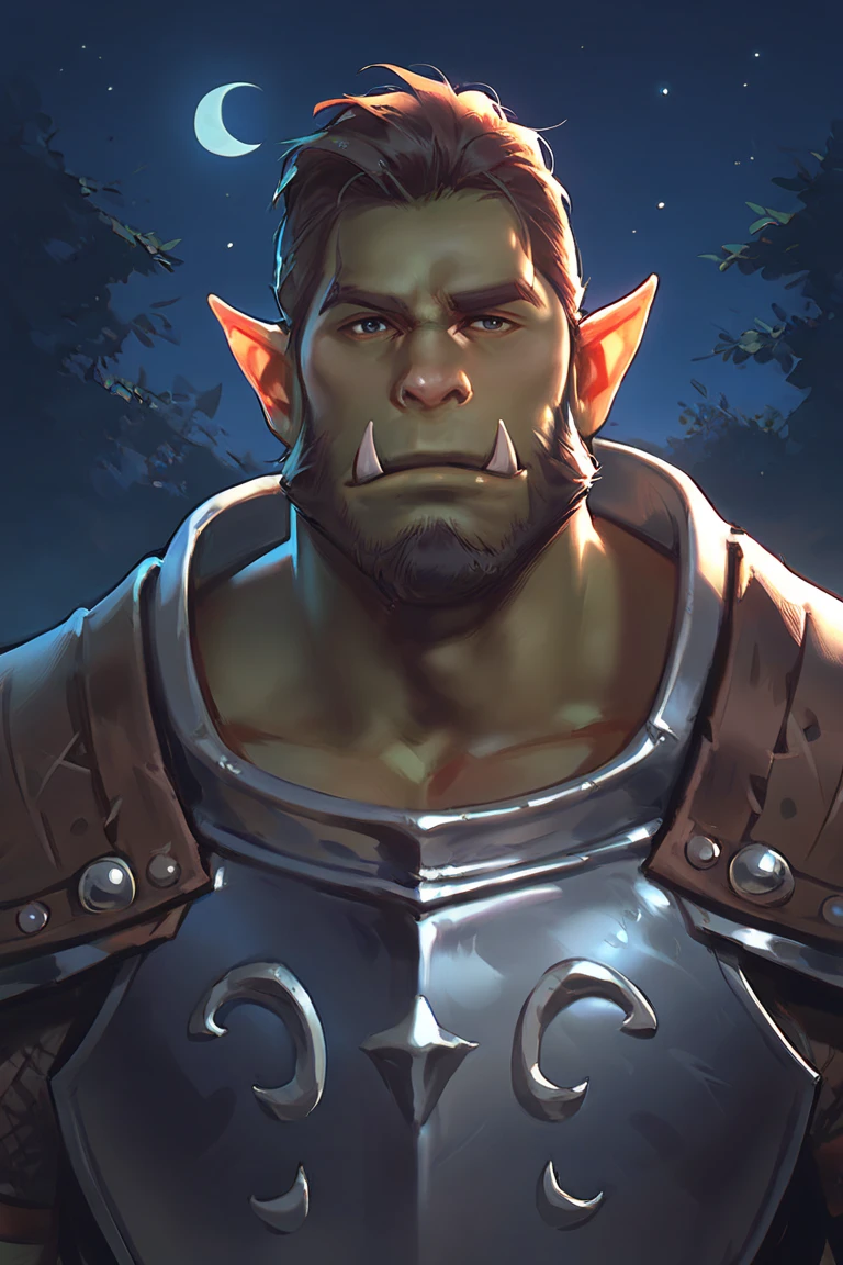 score_9, score_8_up, score_7_up, solo, male focus, mature male, orc, green skin, tusks, beard, outdoors, armor, looking at viewer, shoulder armor, breastplate, upper body, closed mouth, pauldrons, night, night sky, standing <lora:Smooth Style 2 SDXL_LoRA_Pony Diffusion V6 XL:1>