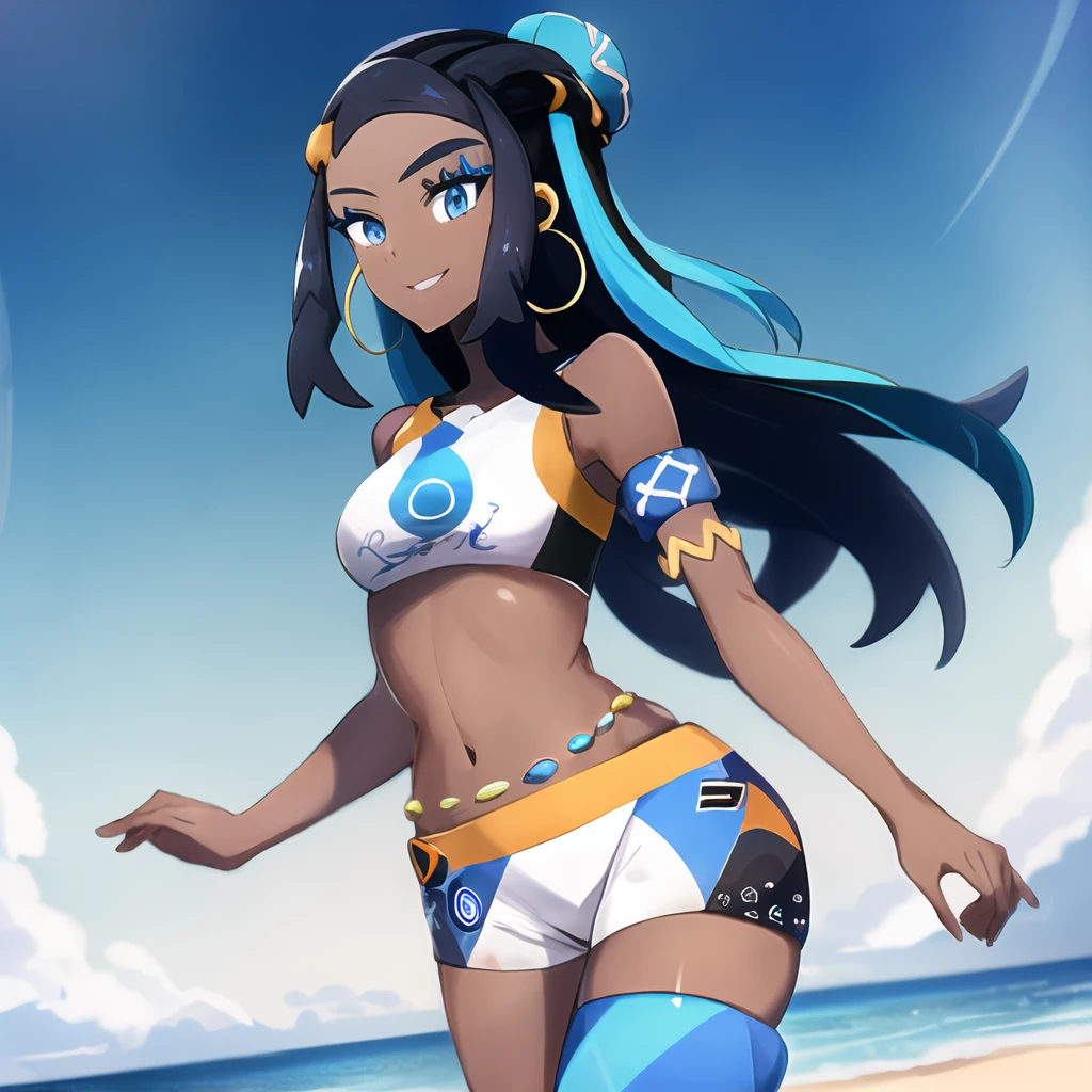 masterpiece, best quality, highly detailed, 1girl, solo, <lora:nessa_pokemon-08:0.8> (nessa_pokemon:1.3),
dark-skinned female, dark skin, blue eyes, aqua eyes, long hair, black hair, blue hair, aqua hair, multicolored hair, two-tone hair, hair bun, single hair bun, eyeshadow, seductive smile,
shorts, crop top, tankini, belly chain, single glove, midriff, sandals,
standing, cowboy shot, beach