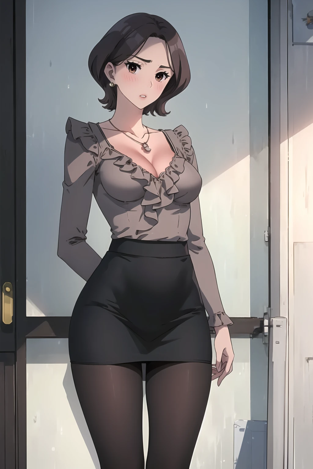 <lora:MX_HaeJoo_MTH:1>haejoodef, short hair, solo, looking at viewer, medium breasts, parted lips, lips, jewelry, pantyhose, necklace, skirt, breasts, cleavage, underwear, shirt, pencil skirt, office lady, black skirt, indoors, black pantyhose, grey shirt, pantyshot, miniskirt, frills, long sleeves, blouse, frilled shirt, collarbone, brown pantyhose, standing, blush,