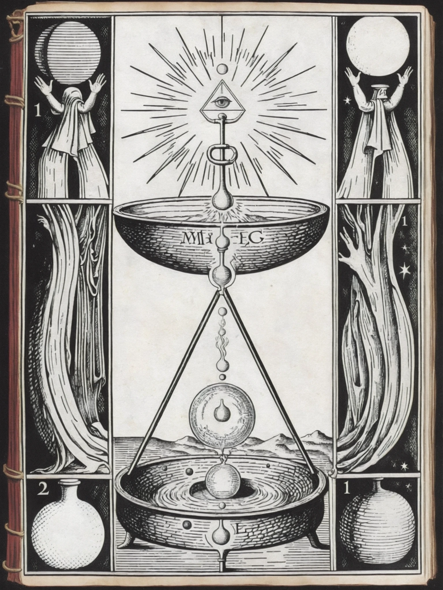 An alchemical manuscript page adorned with celestial constellations and planetary alignments invokes the ancient practice of astrological magic, melding cosmic forces with alchemical transformations:1.4, alchemical manuscript page:1.2, celestial constellations:1.2, planetary alignments:1.1, ancient practice:1.1, astrological magic:1.1, cosmic forces:1.0, alchemical transformations:1.0.
The alchemical page contains a schematic diagram reminiscent of intricate clockwork, reflecting the blend of ancient technology and mystical symbolism that characterizes alchemical tradition:1.4, alchemical page:1.2, schematic diagram:1.2, intricate clockwork:1.1, ancient technology:1.1, mystical symbolism:1.1, alchemical tradition:1.1.
Occult symbols intertwine with representations of ancient machinery on the alchemical page, suggesting a hidden connection between the manipulation of matter and the unseen forces of the universe:1.4, occult symbols:1.2, ancient machinery:1.2, alchemical page:1.1, hidden connection:1.1, manipulation of matter:1.1, unseen forces:1.1, universe:1.0.
The alchemical book page features an illustration of a sorcerer wielding an intricately designed staff, fusing the realms of magic and ancient technology in a single image:1.4, alchemical book page:1.2, illustration of sorcerer:1.2, intricately designed staff:1.1, realms of magic:1.1, ancient technology:1.1, single image:1.1.
An alchemical manuscript page displays a diagram of a mystical automaton, symbolizing the fusion of mechanical innovation and spiritual understanding that alchemy often sought to achieve:1.4, alchemical manuscript page:1.2, diagram of mystical automaton:1.2, mechanical innovation:1.1, spiritual understanding:1.1, alchemy:1.1, sought to achieve:1.1.
Gnostic symbols intertwine with depictions of ancient star maps on the alchemical page, evoking the connection between the cosmos and the pursuit of hidden truths through both Gnostic and alchemical practices:1.4, Gnostic symbols:1.2, depictions of ancient star maps:1.2, alchemical page:1.1, connection between cosmos:1.1, pursuit of hidden truths:1.1, Gnostic practices:1.1, alchemical practices:1.0.
An intricately carved alchemical emblem resembles both a labyrinth and a mechanical gear, embodying the quest for self-discovery and the inner workings of the universe through alchemical and technological means:1.4, intricately carved alchemical emblem:1.2, labyrinth:1.2, mechanical gear:1.1, quest for self-discovery:1.1, inner workings of the universe:1.1, alchemical means:1.1, technological means:1.1.
The alchemical page features a depiction of an ancient alchemical laboratory, complete with alchemical apparatus that intertwines with symbols of mysticism, revealing the convergence of science and spirituality:1.4, alchemical page:1.2, depiction of ancient alchemical laboratory:1.2, alchemical apparatus:1.1, symbols of mysticism:1.1, convergence:1.1, science:1.1, spirituality:1.1.
Occult inscriptions encircle an illustration of an ancient alchemical forge on the page, suggesting the melding of arcane knowledge and practical craftsmanship in the pursuit of transformation:1.4, occult inscriptions:1.2, illustration of ancient alchemical forge:1.2, alchemical page:1.1, melding of arcane knowledge:1.1, practical craftsmanship:1.1, pursuit of transformation:1.1.
A diagram on the alchemical page depicts an intricate alchemical automaton, its gears and mechanisms intertwined with alchemical symbols, embodying the marriage of ancient technology and mystical symbolism:1.4, diagram on alchemical page:1.2, intricate alchemical automaton:1.2, gears and mechanisms:1.1, alchemical symbols:1.1, marriage of ancient technology:1.1, mystical symbolism:1.1.
The alchemical manuscript page showcases a depiction of the philosopher's stone being forged in a celestial crucible, combining alchemical principles with cosmic symbolism and ancient technology:1.4, alchemical manuscript page:1.2, depiction of philosopher's stone:1.2, forged in celestial crucible:1.1, alchemical principles:1.1, cosmic symbolism:1.1, ancient technology:1.1.
Intricate alchemical symbols intertwine with diagrams of ancient navigational instruments on the page, suggesting the pursuit of both material and metaphysical exploration through alchemy:1.4, intricate alchemical symbols:1.2, diagrams of ancient navigational instruments:1.2, page:1.1, pursuit of material exploration:1.1, metaphysical exploration:1.1, alchemy:1.1.
An alchemical diagram on the page depicts a fusion of ancient alchemical apparatus with celestial bodies, symbolizing the harmony between the microcosm and macrocosm in alchemical and occult understanding:1.4, alchemical diagram:1.2, page:1.2, ancient alchemical apparatus:1.1, celestial bodies:1.1, symbolizing harmony:1.1, microcosm and macrocosm:1.1, alchemical understanding:1.1, occult understanding:1.1.
Gnostic symbols surround an illustration of an ancient library, evoking the pursuit of esoteric knowledge and the exploration of hidden truths through both Gnostic and alchemical means:1.4, Gnostic symbols:1.2, illustration of ancient library:1.2, alchemical means:1.1, Gnostic means:1.1, esoteric knowledge:1.1, exploration of hidden truths:1.1.
An alchemical diagram portrays the transformation of base metals through an intricate arrangement of ancient alchemical tools, hinting at the profound shifts achievable through both material and spiritual processes:1.4, alchemical diagram:1.2, transformation of base metals:1.2, intricate arrangement:1.1, ancient alchemical tools:1.1, hinting at profound shifts:1.1, material processes:1.0, spiritual processes:1.0.
The alchemical page showcases an illustration of an ancient observatory, blending the practice of alchemy with astronomical pursuits, as alchemists sought to understand the celestial influences on earthly transformations:1.4, alchemical page:1.2, illustration of ancient observatory:1.2, blending practice of alchemy:1.1, astronomical pursuits:1.1, alchemists sought to understand:1.1, celestial influences:1.1, earthly transformations:1.1.
An aged alchemy magic book page, with faded parchment and intricate illustrations, radiates an air of ancient mysticism and arcane knowledge:1.5, aged alchemy magic book page:1.2, faded parchment:1.2, intricate illustrations:1.2, ancient mysticism:1.1, arcane knowledge:1.1.
A meticulously hand-illustrated alchemical diagram sprawls across the page, depicting the transmutation process with a level of detail that speaks to the dedication of its creator:1.6, hand-illustrated alchemical diagram:1.2, transmutation process:1.2, meticulous:1.1, detail:1.0, dedication:1.0, creator:1.0.
The page is adorned with intricate symbols, each representing an elemental force, their precise arrangement hinting at the delicate balance required in alchemical practices:1.6, intricate symbols:1.2, elemental force:1.2, precise arrangement:1.1, delicate balance:1.1, alchemical practices:1.1.
The alchemy magic book page is inscribed with handwritten annotations in a spidery script, providing insights and interpretations into the mystic symbols and their connections:1.6, handwritten annotations:1.2, spidery script:1.2, insights:1.1, interpretations:1.1, mystic symbols:1.1, connections:1.0.
A vivid illustration of a philosopher's stone, emitting a radiant golden glow, occupies a central space on the alchemical page, embodying the ultimate goal of the alchemist's quest:1.6, vivid illustration:1.2, philosopher's stone:1.2, radiant golden glow:1.1, central space:1.1, alchemical page:1.1, alchemist's quest:1.1.
The alchemy magic book page is bordered by intricate alchemical sigils, their interlocking patterns creating a protective barrier to safeguard the mystical knowledge within:1.6, alchemy magic book page:1.2, intricate alchemical sigils:1.2, interlocking patterns:1.1, protective barrier:1.1, mystical knowledge:1.1.
A diagram illustrating the stages of the Magnum Opus is meticulously detailed, showing the alchemical progression from Nigredo to Rubedo, each phase symbolizing transformation:1.6, diagram illustrating stages:1.2, Magnum Opus:1.2, meticulous detailed:1.1, alchemical progression:1.1, Nigredo to Rubedo:1.1, transformation:1.0.
The alchemical book page features a mesmerizing depiction of the Philosopher's Egg, surrounded by alchemical symbols denoting the convergence of opposites and the creation of new life:1.6, alchemical book page:1.2, mesmerizing depiction:1.2, Philosopher's Egg:1.1, alchemical symbols:1.1, convergence of opposites:1.1, creation of new life:1.1.
The delicate ink lines on the alchemy magic book page form a beautifully intricate circle, housing symbols of the four elements, capturing the essence of elemental balance:1.6, delicate ink lines:1.2, alchemy magic book page:1.2, beautifully intricate circle:1.1, symbols of four elements:1.1, essence of elemental balance:1.1.
A faded illustration of an alchemist standing before an elaborate retort, flames dancing beneath it, serves as a visual representation of the alchemical processes described on the page:1.6, faded illustration:1.2, alchemist standing:1.2, elaborate retort:1.1, flames dancing:1.1, visual representation:1.1, alchemical processes:1.1.
The alchemy magic book page is adorned with a series of interconnected circles, each filled with alchemical symbols representing the stages of transmutation, creating an elegant and informative visual narrative:1.6, alchemy magic book page:1.2, interconnected circles:1.2, alchemical symbols:1.1, stages of transmutation:1.1, elegant and informative:1.1, visual narrative:1.1.
A faded illustration depicts an alchemist's laboratory, filled with intricate apparatus and vessels, conveying the meticulous nature of alchemical experimentation:1.6, faded illustration:1.2, alchemist's laboratory:1.2, intricate apparatus:1.1, vessels:1.1, meticulous nature:1.1, alchemical experimentation:1.1.
A central illustration on the alchemical page showcases a hermetic seal, its geometry and symbols hinting at the hidden truths and cosmic connections explored in alchemical philosophy:1.6, central illustration:1.2, hermetic seal:1.2, geometry and symbols:1.1, hidden truths:1.1, cosmic connections:1.1, alchemical philosophy:1.1.
The alchemy magic book page is meticulously illuminated with shimmering gold leaf, enhancing the sense of sacredness and importance attributed to the teachings it contains:1.6, alchemy magic book page:1.2, meticulously illuminated:1.2, shimmering gold leaf:1.1, sense of sacredness:1.1, importance:1.0, teachings:1.0.
Intricate diagrams detailing the alchemical processes of calcination, dissolution, and coagulation are accompanied by annotations that provide insights into the philosophical underpinnings of these transformations:1.6, intricate diagrams:1.2, alchemical processes:1.2, calcination, dissolution, coagulation:1.1, annotations:1.1, insights:1.0, philosophical underpinnings:1.0, transformations:1.0.
The alchemical page contains an illustration of the Ouroboros, the serpent devouring its own tail, symbolizing the cyclical nature of creation, destruction, and rebirth:1.6, alchemical page:1.2, illustration of Ouroboros:1.2, serpent devouring:1.1, cyclical nature:1.1, creation, destruction, rebirth:1.1.
A central emblem on the alchemy magic book page features an intricate mandala, its radiating patterns conveying the interconnectedness of all things and the quest for spiritual enlightenment:1.6, central emblem:1.2, alchemy magic book page:1.2, intricate mandala:1.1, radiating patterns:1.1, interconnectedness:1.1, quest for spiritual enlightenment:1.1.
The alchemical page showcases a diagram illustrating the union of opposites, with symbols denoting fire and water intertwining to represent the harmonization of opposing forces:1.6, alchemical page:1.2, diagram illustrating union:1.2, opposites:1.1, symbols denoting fire and water:1.1, harmonization:1.1, opposing forces:1.1.
A detailed illustration on the alchemy magic book page depicts a labyrinthine path leading to the center, symbolizing the inner journey of self-discovery and alchemical transformation:1.6, detailed illustration:1.2, alchemy magic book page:1.2, labyrinthine path:1.1, center:1.1, inner journey:1.1, self-discovery:1.1, alchemical transformation:1.1.
The page features a series of alchemical symbols arranged in a geometric pattern, reflecting the mathematical precision often employed in alchemical endeavors to unlock the secrets of the universe:1.6, alchemical symbols:1.2, geometric pattern:1.2, mathematical precision:1.1, alchemical endeavors:1.1, secrets of the universe:1.1.
An enigmatic alchemy magic book page is adorned with cryptic symbols and mystical sigils, offering glimpses into the hidden knowledge of alchemical transformation:1.5, enigmatic alchemy magic book page:1.2, cryptic symbols:1.2, mystical sigils:1.1, hidden knowledge:1.1, alchemical transformation:1.1.
The alchemical page contains an illustration of a serpent entwined around a staff, a symbol of healing and transformation often associated with the medical and mystical aspects of alchemy:1.5, alchemical page:1.2, illustration of serpent:1.2, staff:1.1, symbol of healing:1.1, transformation:1.1, medical aspects:1.0, mystical aspects:1.0.
A depiction of the Emerald Tablet, attributed to Hermes Trismegistus, graces the alchemy magic book page, conveying the fundamental principles of alchemical philosophy through enigmatic verses:1.5, depiction of Emerald Tablet:1.2, Hermes Trismegistus:1.2, alchemy magic book page:1.1, fundamental principles:1.1, alchemical philosophy:1.1, enigmatic verses:1.1.
Intricate alchemical symbols are interwoven with mystic runes and esoteric glyphs on the page, resonating with the depth and complexity of occult knowledge:1.5, intricate alchemical symbols:1.2, mystic runes:1.2, esoteric glyphs:1.1, occult knowledge:1.1, depth and complexity:1.1.
A central mandala on the alchemical page is reminiscent of ancient sacred geometry, echoing the gnostic belief in the interconnectedness of the cosmos and the divine source:1.5, central mandala:1.2, alchemical page:1.2, ancient sacred geometry:1.1, gnostic belief:1.1, interconnectedness:1.1, cosmos:1.0, divine source:1.0.
The alchemy magic book page features an illustration of a philosopher seeking enlightenment, encapsulating the Gnostic quest for hidden truths and spiritual illumination:1.5, alchemy magic book page:1.2, illustration of philosopher:1.2, seeking enlightenment:1.1, Gnostic quest:1.1, hidden truths:1.0, spiritual illumination:1.0.
The alchemical diagram on the page embodies the alchemical concept of the "as above, so below," reflecting the Gnostic idea of mirroring the cosmic and spiritual realms in earthly existence:1.5, alchemical diagram:1.2, alchemical concept:1.2, "as above, so below":1.1, Gnostic idea:1.1, cosmic and spiritual realms:1.1, earthly existence:1.0.
Occult symbols of the moon and stars are intricately woven into the alchemy magic book page, invoking the mysteries of the cosmos and the hidden dimensions of reality:1.5, occult symbols:1.2, moon and stars:1.2, intricately woven:1.1, alchemy magic book page:1.1, mysteries of cosmos:1.1, hidden dimensions:1.1, reality:1.0.
A depiction of the Demiurge, a key figure in Gnostic cosmology, graces the alchemical page, symbolizing the lower creator deity and the challenges posed by material existence:1.5, depiction of Demiurge:1.2, Gnostic cosmology:1.2, alchemical page:1.1, lower creator deity:1.1, challenges of material existence:1.1.
The alchemical page showcases a depiction of the Gnostic Sophia, the embodiment of divine wisdom, surrounded by celestial light, embodying the quest for spiritual knowledge:1.5, alchemical page:1.2, depiction of Gnostic Sophia:1.2, embodiment of divine wisdom:1.1, celestial light:1.1, quest for spiritual knowledge:1.1.
A detailed illustration portrays the alchemist as an initiate, meditating in a secluded chamber to commune with the spiritual realm, reflecting both alchemical and Gnostic practices:1.5, detailed illustration:1.2, alchemist as initiate:1.2, meditating in secluded chamber:1.1, commune with spiritual realm:1.1, alchemical practices:1.1, Gnostic practices:1.1.
The alchemical page displays an intricate ouroboros design, symbolizing the cyclical nature of existence and echoing the Gnostic concept of eternal return and spiritual evolution:1.5, alchemical page:1.2, intricate ouroboros design:1.2, cyclical nature of existence:1.1, Gnostic concept:1.1, eternal return:1.1, spiritual evolution:1.1.
An illustration of the alchemical vessel is featured prominently on the page, signifying the containment and transformation of the prima materia, mirroring the Gnostic soul's journey to enlightenment:1.5, illustration of alchemical vessel:1.2, alchemical page:1.2, containment and transformation:1.1, prima materia:1.1, Gnostic soul's journey:1.1, enlightenment:1.1.
The alchemy magic book page combines Kabbalistic symbols with alchemical diagrams, suggesting the interplay between the mystical and transformative aspects of both practices:1.5, alchemy magic book page:1.2, Kabbalistic symbols:1.2, alchemical diagrams:1.1, interplay between mystical and transformative aspects:1.1, practices:1.1.
An intricately illustrated alchemical labyrinth occupies the page, representing the labyrinthine journey of the soul in both alchemical and Gnostic traditions, seeking higher knowledge:1.5, intricately illustrated alchemical labyrinth:1.2, alchemical page:1.2, labyrinthine journey of the soul:1.1, Gnostic traditions:1.1, higher knowledge:1.1, seeking:1.0.
Occult symbols and sacred geometry form an ornate border around the alchemical page, invoking the intricate interconnections between alchemical, magical, and Gnostic practices:1.5, occult symbols:1.2, sacred geometry:1.2, ornate border:1.1, alchemical page:1.1, interconnections:1.0, magical practices:1.0, Gnostic practices:1.0.
The alchemical page features a depiction of a veil being lifted to reveal hidden truths, symbolizing the Gnostic pursuit of gnosis, or direct spiritual knowledge, through alchemical insights:1.5, alchemical page:1.2, depiction of veil being lifted:1.2, hidden truths:1.1, Gnostic pursuit:1.1, gnosis:1.1, spiritual knowledge:1.1, alchemical insights:1.1.