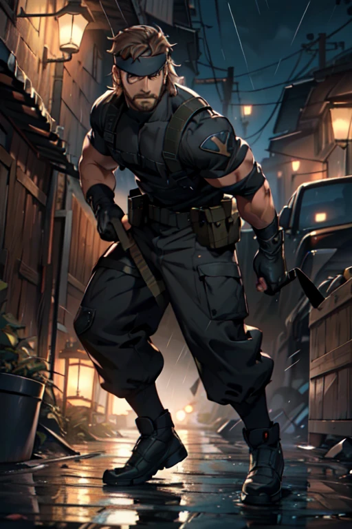 (1 image only),  solo male,  1boy,  Big Boss,  Metal Gear Solid,  bslue eyes,  brown hair,  facial hair,  (single eyepatch),  (grey headband:1.3),  clothing,  handsome,  mature,  charming,  alluring,  full body in frame,  perfect anatomy,  perfect proportions,  8k,  HQ,  (best quality:1.2,  hyperrealistic:1.2,  photorealistic:1.2,  masterpiece:1.3,  madly detailed photo:1.2),  (hyper-realistic lifelike texture:1.2,  realistic eyes:1.2),  high_resolution,  perfect eye pupil,  dutch angle,  dynamic,  action,  raining,  night,  sneaking pose,  genuflect,<lora:EMS-287113-EMS:0.600000>,<lora:EMS-498-EMS:0.200000>,<lora:EMS-272220-EMS:0.800000>