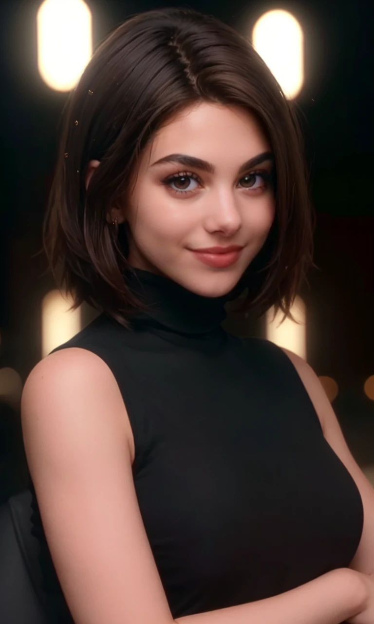 kirak2023, lbobh2024, 1 girl, brown hair, uhd, best quality, masterpiece, turtleneck, elegant, movie premiere, 5 fingers, closeup, dark hair, photorealistic, smile, raw image. cinematic lighting, brown eyes,bob hairstyle