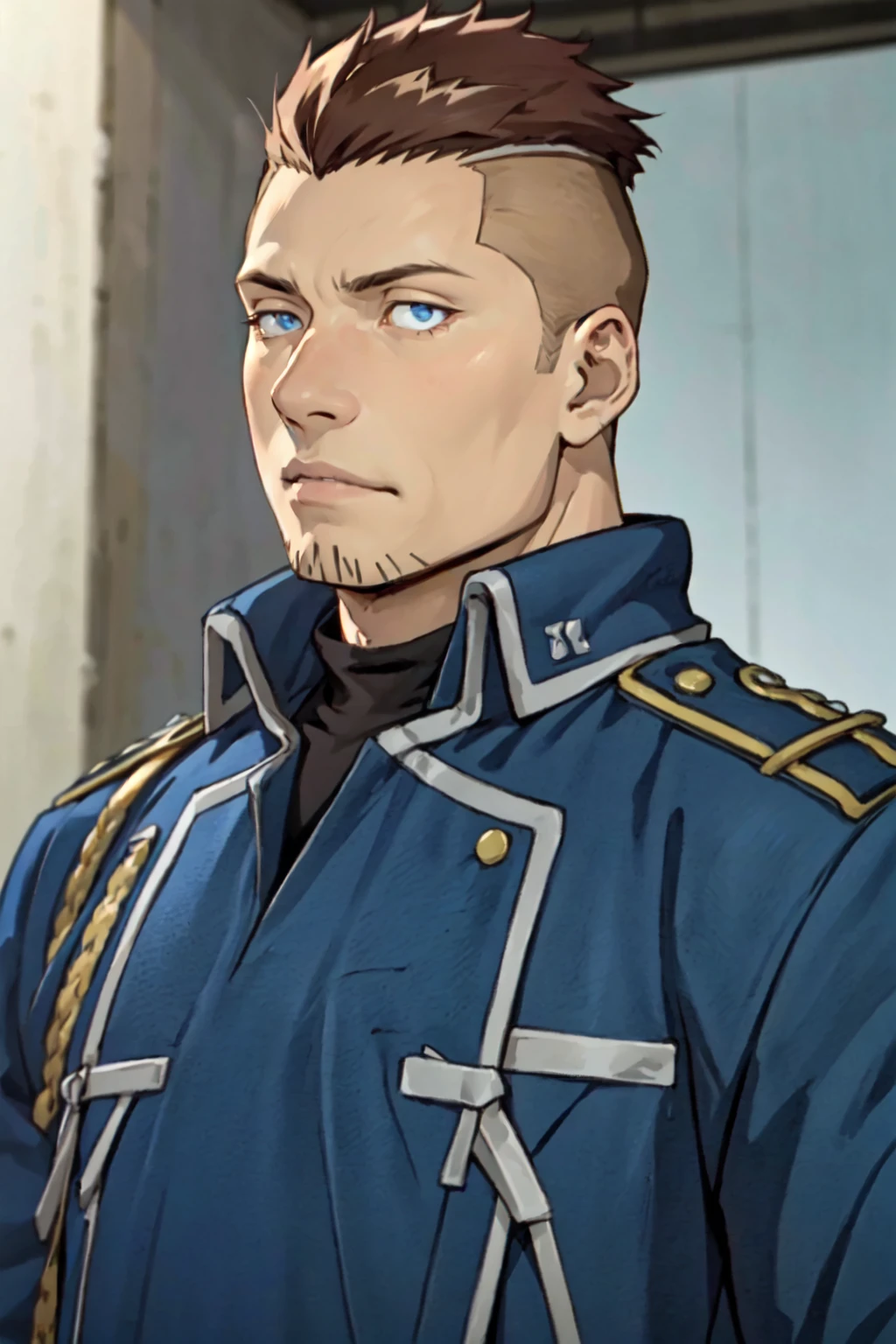 (1 image only),  solo male,  1boy,  Heymans Breda,  Fullmetal Alchemist,  anime,  2D,  blue eyes,  brown hair,  short hair,  high fade,  stubble,  handsome,  (chubby),  open (pure blue military uniform,  blue 
 coat),  confidence,  charming,  alluring,  upper body in frame,  perfect anatomy,  perfect proportions,  8k,  HQ,  (best quality:1.2,  hyperrealistic:1.2,  photorealistic:1.2,  masterpiece:1.3,  madly detailed photo:1.2),  (hyper-realistic lifelike texture:1.2,  realistic eyes:1.2),  high_resolution,  perfect eye pupil,  dutch angle, best quality,  (long sleeves),<lora:EMS-286469-EMS:0.600000>,<lora:EMS-19728-EMS:0.200000>