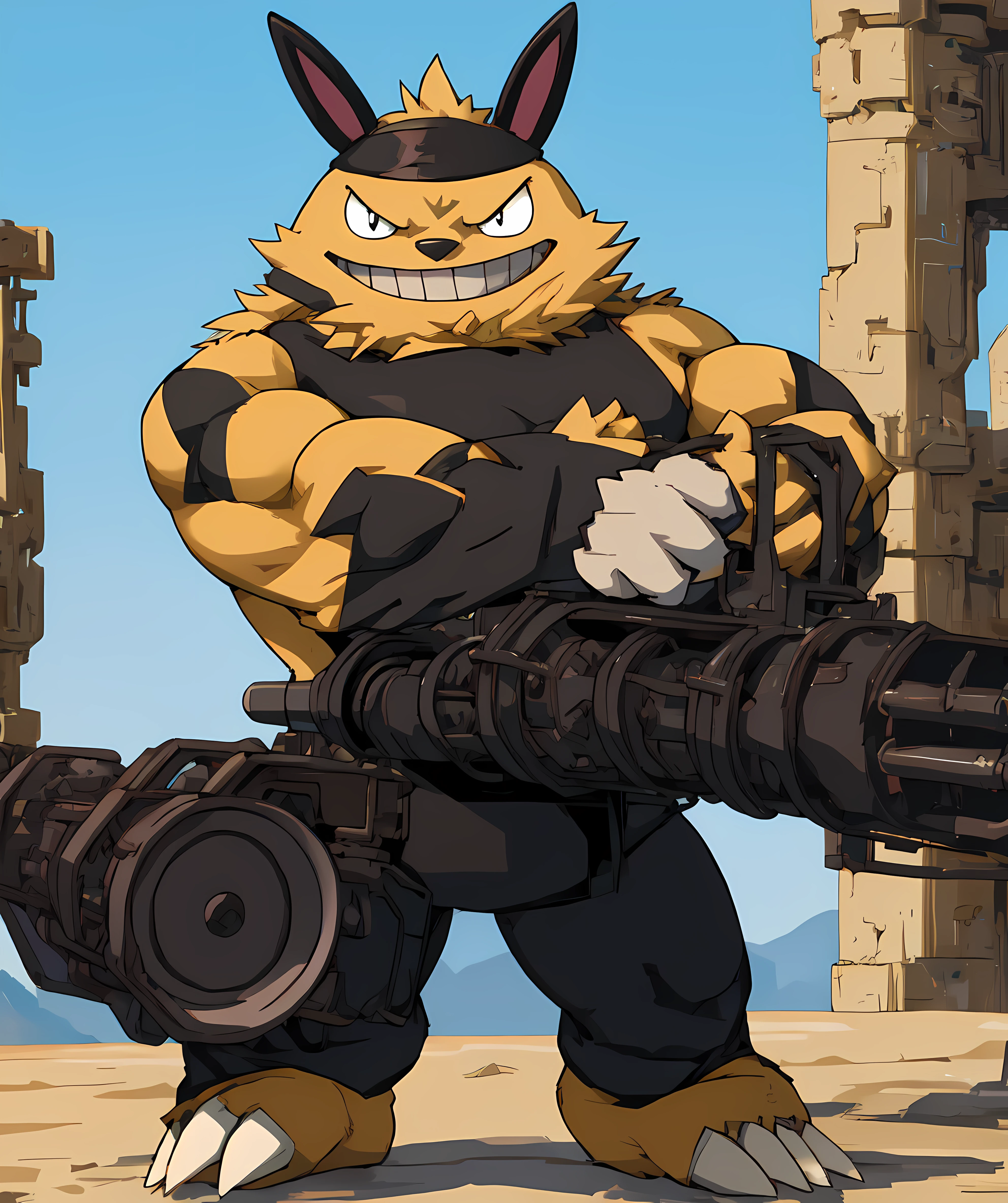 grizzbolt_palworld, muscular, standing, flexing, fur, looking at viewer, evil grin, outdoor, flat color, black headband, holding gatling gun, black long pants, black tank top <lora:Grizzbolt:0.8>