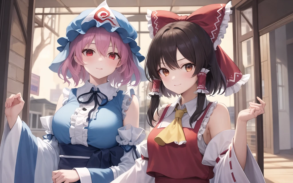 (masterpiece, best quality, high quality, highres, ultra-detailed), 2girls, standing, upper body ADDCOMM
<lora:Yuyuko_TH7-000004:0.35>, saigyouji yuyuko ADDCOL
(hakurei reimu, red vest, yellow ascot, hair bow:0.9)