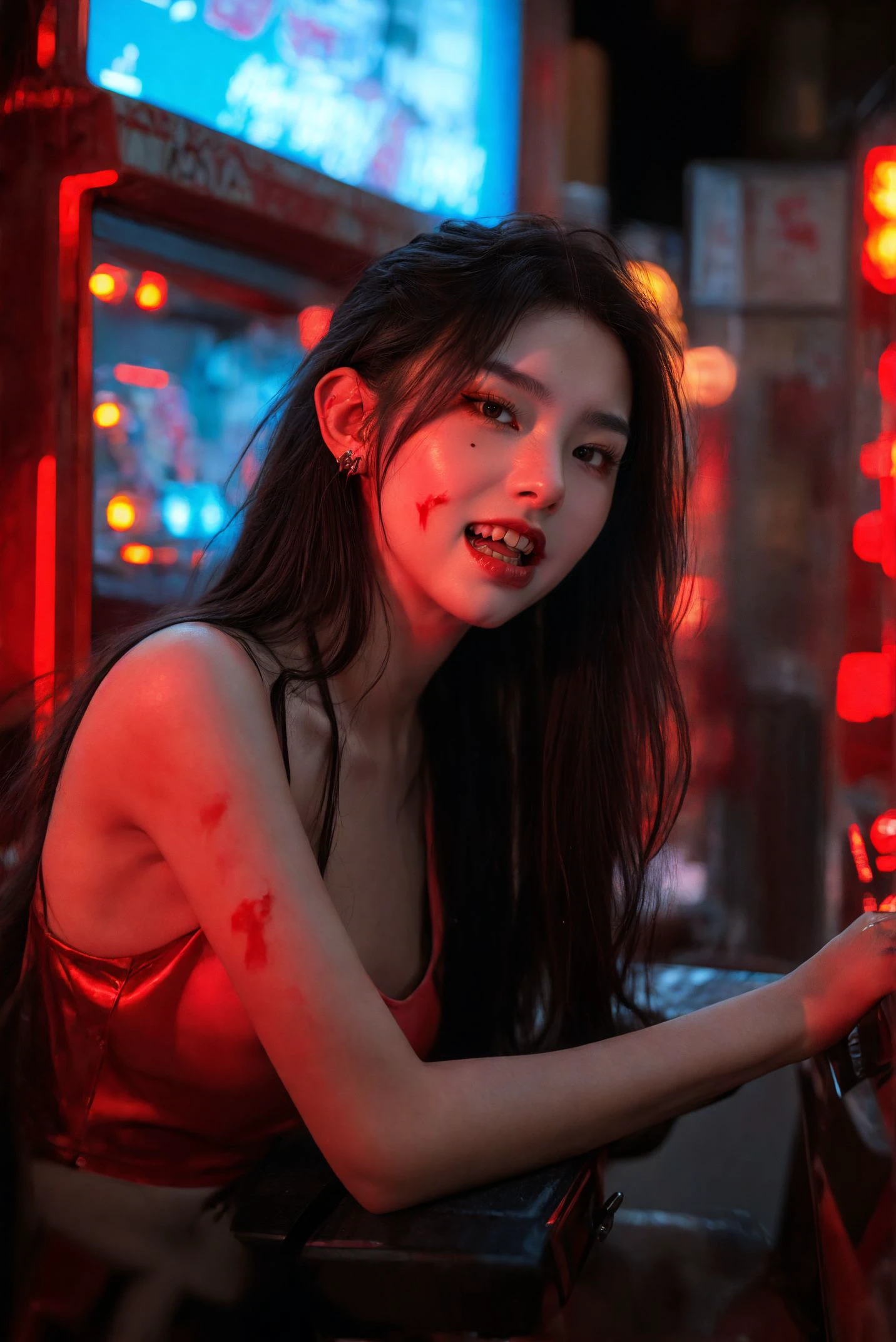Chinese, very cute beautiful woman, killer break neck of a boy blindfold bloody mouth vomit sadism