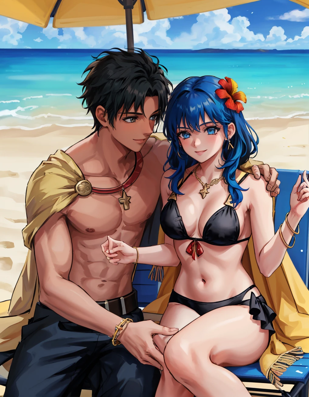 masterpiece, 1boy, 1girl, couple, hetero, sitting, beach chair, smile, <lora:ClaudeFE3H-FEH-bsinky-v1:0.7> sumClaude, navel, yellow cape, earrings, bracelet, male swimwear, dark skin, <lora:byleth-nvwls-v2:0.8> fembyleth_summer, necklace, black bikini, hair flower, belt, beach, palm trees