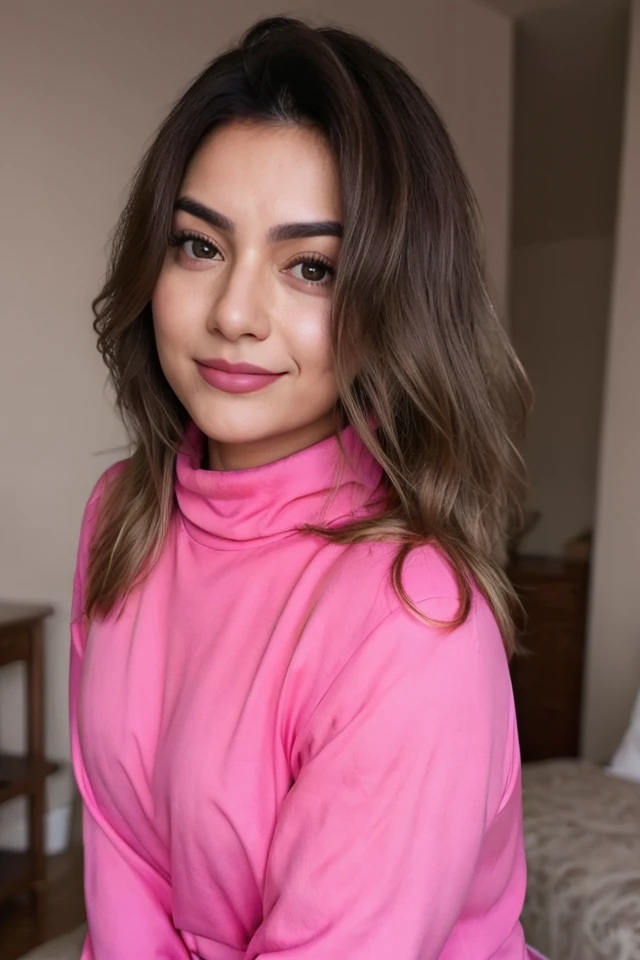 Portrait photo of k3llyk3y woman, pink turtleneck blouse. slight smile