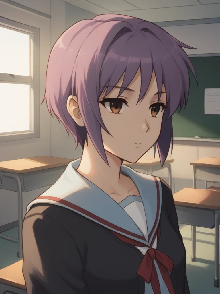 score_9, digital art,
1girl, nagato yuki, purple hair, short hair, brown eyes,
standing, upper body,
expressionless,
school uniform, black cardigan,
indoors, classroom, 
<lora:nagato autismmix_Confetti 40x40 Prodigy__cosine_dim8_sv_fro_dp0.9:0.6>