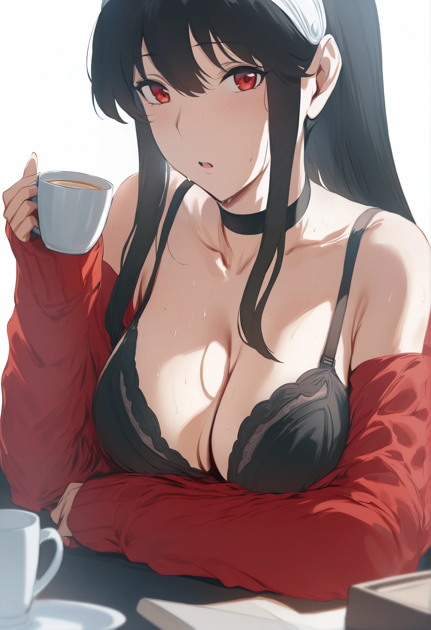 rating_explicit, beautyful mature japanese woman, slim body, slender body,big long fringe black hair, black lipstick, pink panties, milf, black chocker, sit in bed, drinking coffee, bored, close up