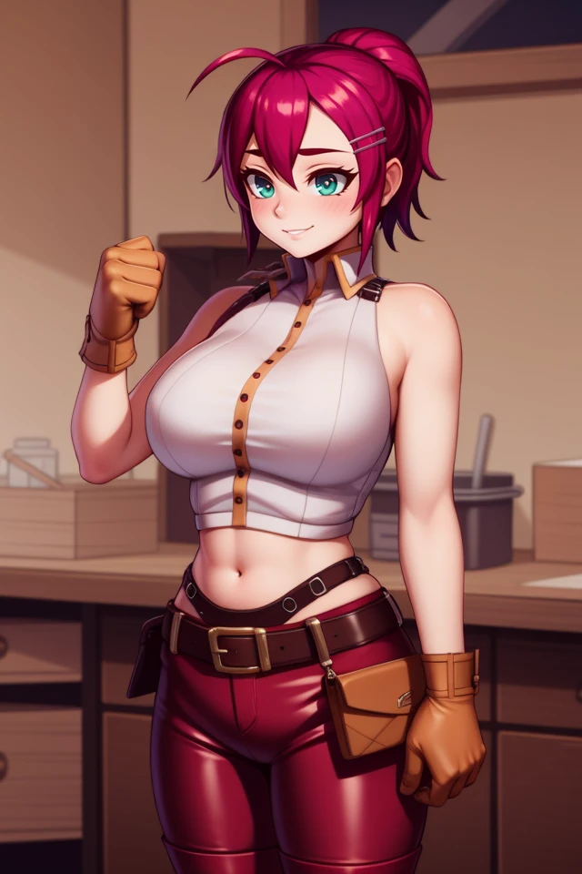 <lora:PAseer-SD15-LCM Quick:1>
<lora:Sylvia_Potionomics:1> sylvia_potionomics, green eyes, red hair, hair between eyes, ahoge, hairclip, ponytail, short hair, large breasts, brown gloves, belt, pouch, white shirt, sleeveless, pants,