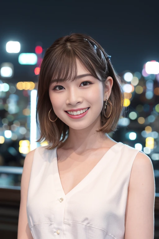 Super beautiful girl、ultra cute girl、Night view in the background、night view from the hill、C Cup、short-cut、Slender body、huge smile、Company Uniform、nffsw, retinas, Anatomically correct, Best Quality, 4K