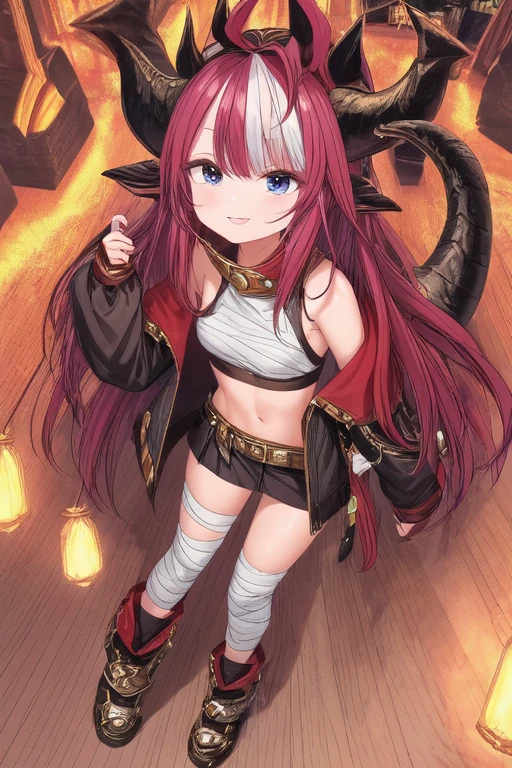 saya, 1girl,  dragon tail, dragon horns, horns, animal ears, bangs, blush, eyebrows visible through hair, eyewear on head, eyewear on headwear, fang, goggles, goggles on head, goggles on headwear, long hair, looking at viewer, multicolored hair, purple and blue eyes, red hair, smile, solo, goggles, one bandaged leg, belt, short black skirt, big eyes, (black crop  top), short, open shoulders,jacket partially on, navel, jacket hanging,  oversized sleeves, small breasts, (full body),
 <lora:add_detail:1>, <lora:hyperrefiner_v090:1>,  <lora:SAYA-PC-V2_1-000004:0.8>