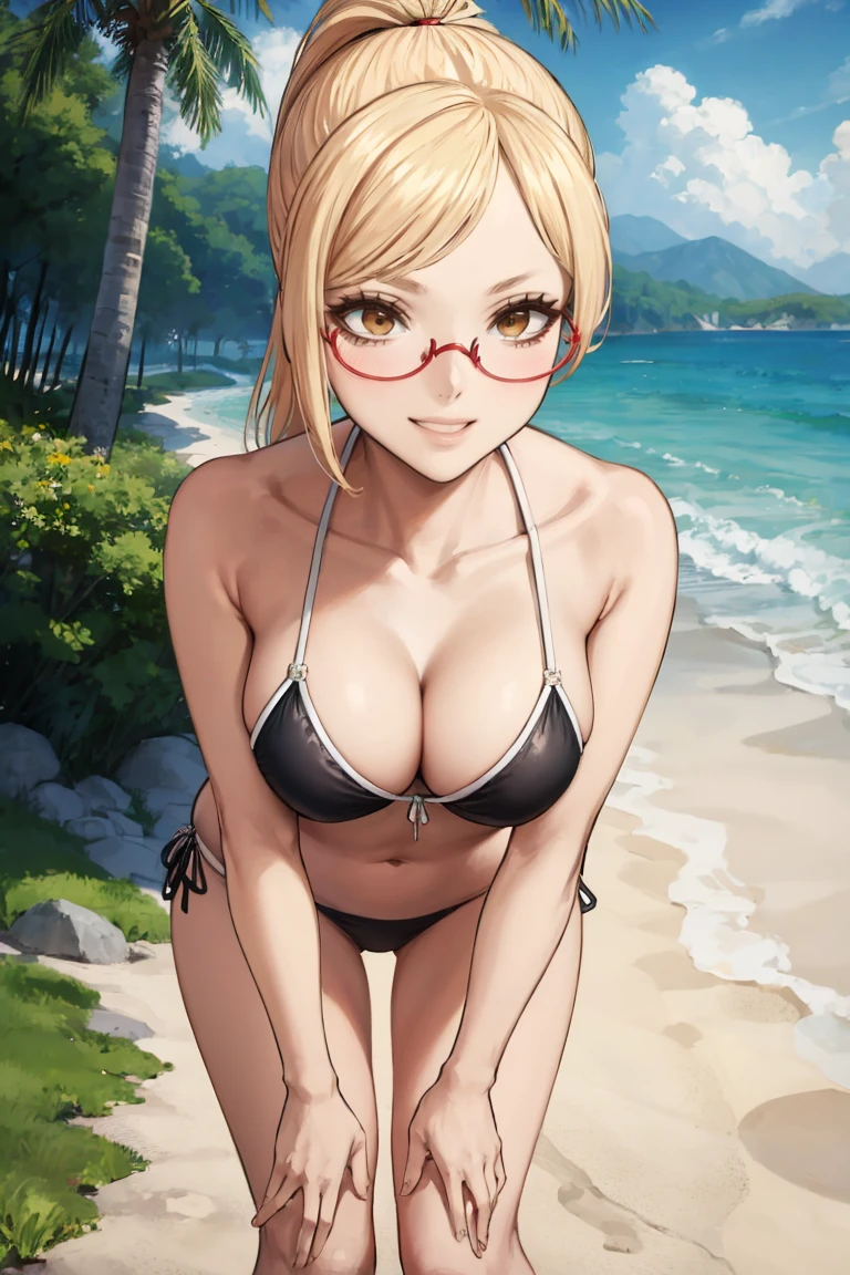 masterpiece, best quality, absurdres, KaedeAkiyama, long hair, ponytail, glasses, bikini, cleavage, standing, leaning forward, smile, outdoors, beach scene, <lora:KaedeAkiyama:1>