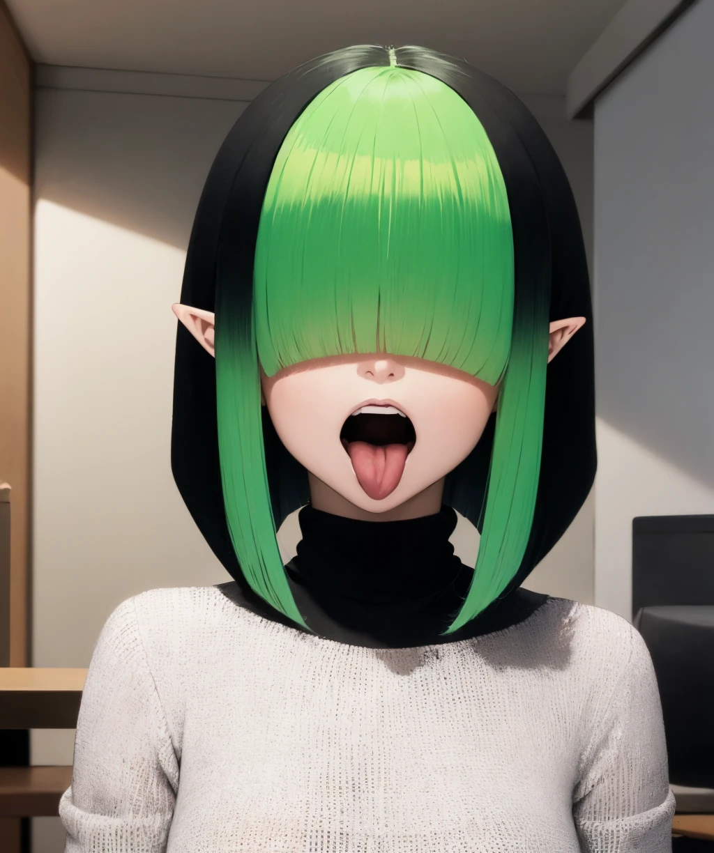 bce, 1girl, solo, open mouth, tongue out, (hair over eyes), green hair, black hair, two-tone hair, bob cut, pointy ears, turtleneck, solo, portrait, indoors, <lora:better_creative_hair-06:0.8>