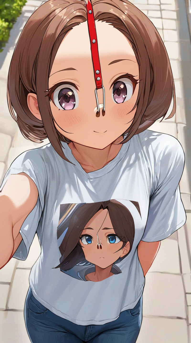 (masterpiece, best quality ultradetailed:1.2) <lora:SDXL_nosehook_anime_v1:1.1>(upper body)girl,street,(short hair:0.8),T-shirt,denim pants,(forehead:0.8)eye level shot,front shot