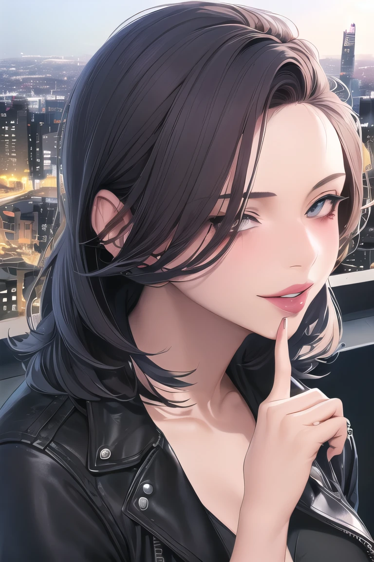 1girl, 
(best quality,  4k,  8k,  highres,  masterpiece:1.2),  ultra-detailed,  (portrait,  mid-twenty, solo_female,  straight_hair, (masterpiece, best quality),  black hair,  black leather jacket, smirk, hair pulled back, hair_pulled_back, milf, mature_woman, hair_pulled_back, city background, neon city background,  cityscape, finger on lips,  thick lips,<lora:EMS-286153-EMS:0.800000>