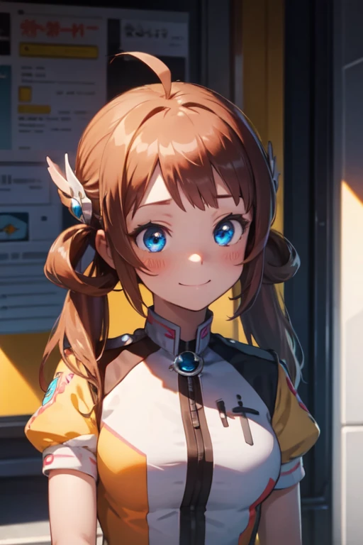 moe leahs-1, hair accessories, uniform, twintails, gloves, 1girl, solo, upper body, one ahoge, shy, blush, blue eyes, smile