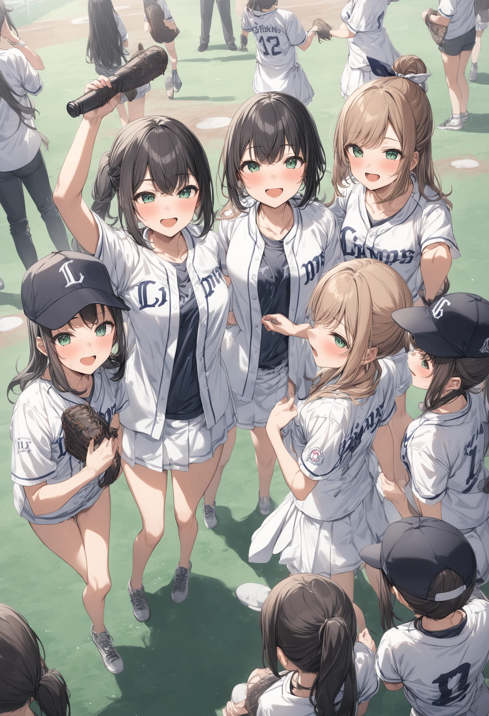 multiple girls, <lora:sdxl2-flat2-512b:-1>,medium breasts,
<lora:seibuXLv2:0.6>,seibu,baseball uniform, clothes writing, short sleeves,miniskirt, white jacket, open clothes, open jacket,shirt,cheering,
from above, wide shot, looking back, open mouth,
masterpiece,best quality,medium quality,