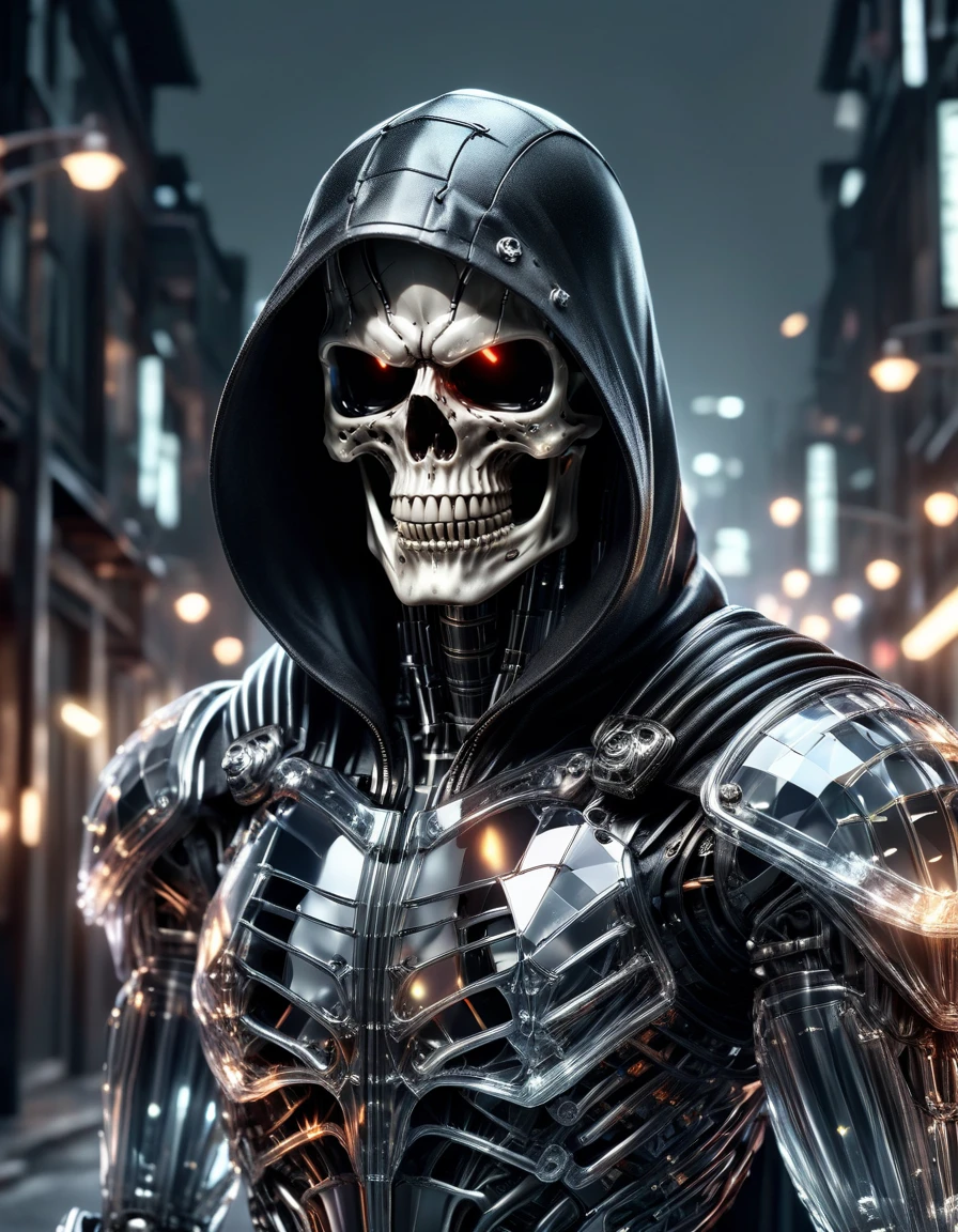 Blue-eyed skeletal skull wearing a black suit and black hat lifting weights at the gym