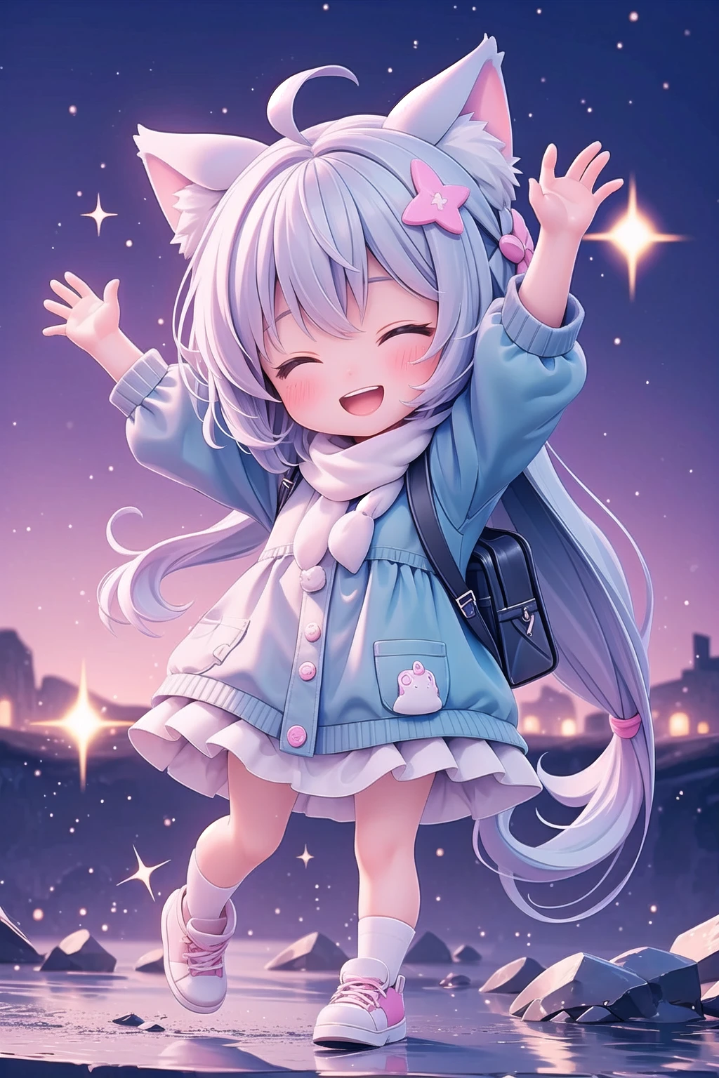 (masterpiece), scenery, 1girl, chibi, one eye closed, open mouth, smile, arm up, looking at viewer, sparkle